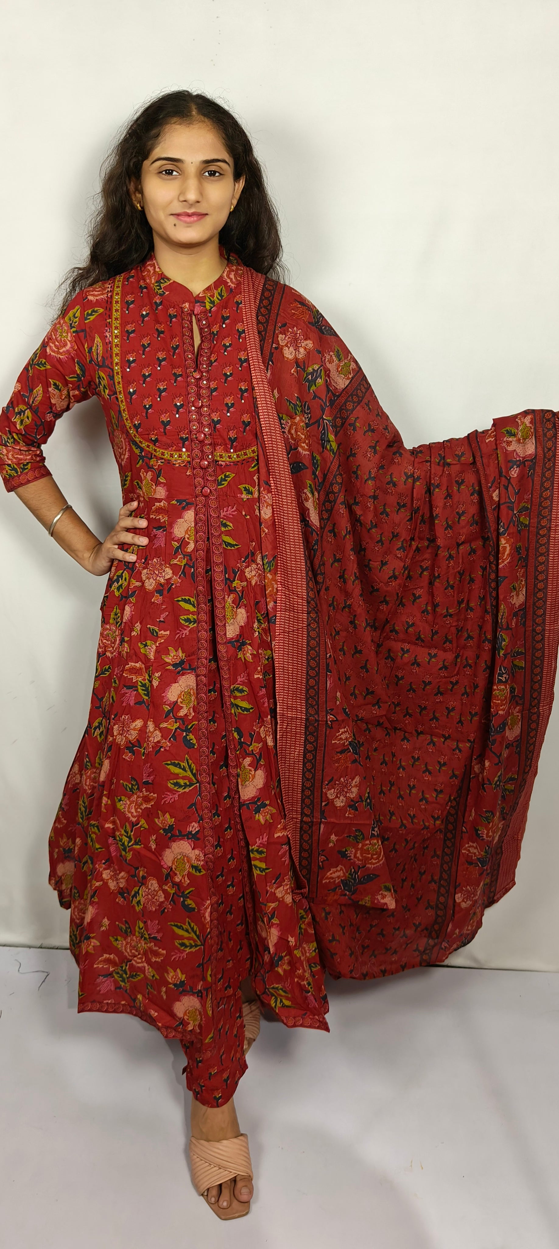 Rust red colour printed anarkali three piece set (Z0215)