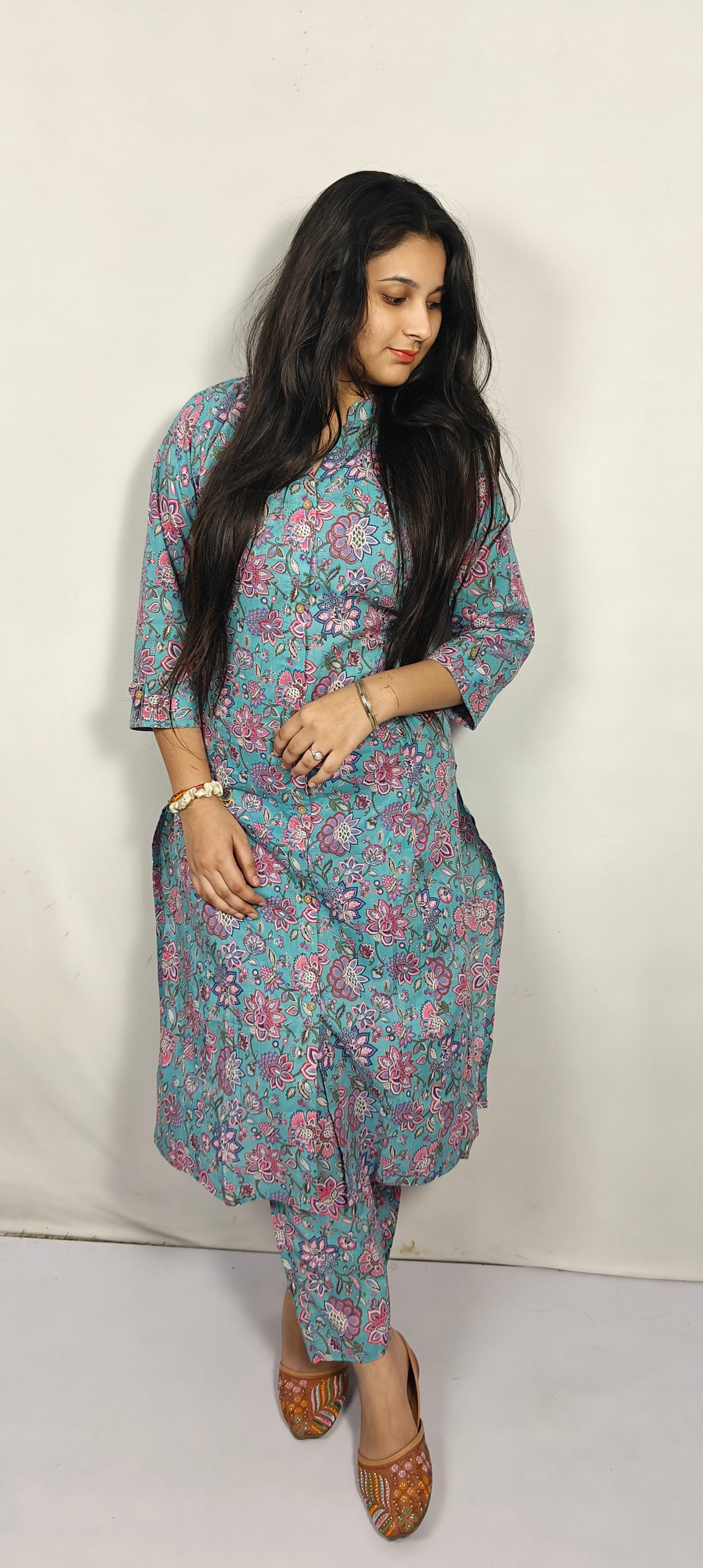 Blue Floral Printed Cotton Co-ord Set (Z0228)
