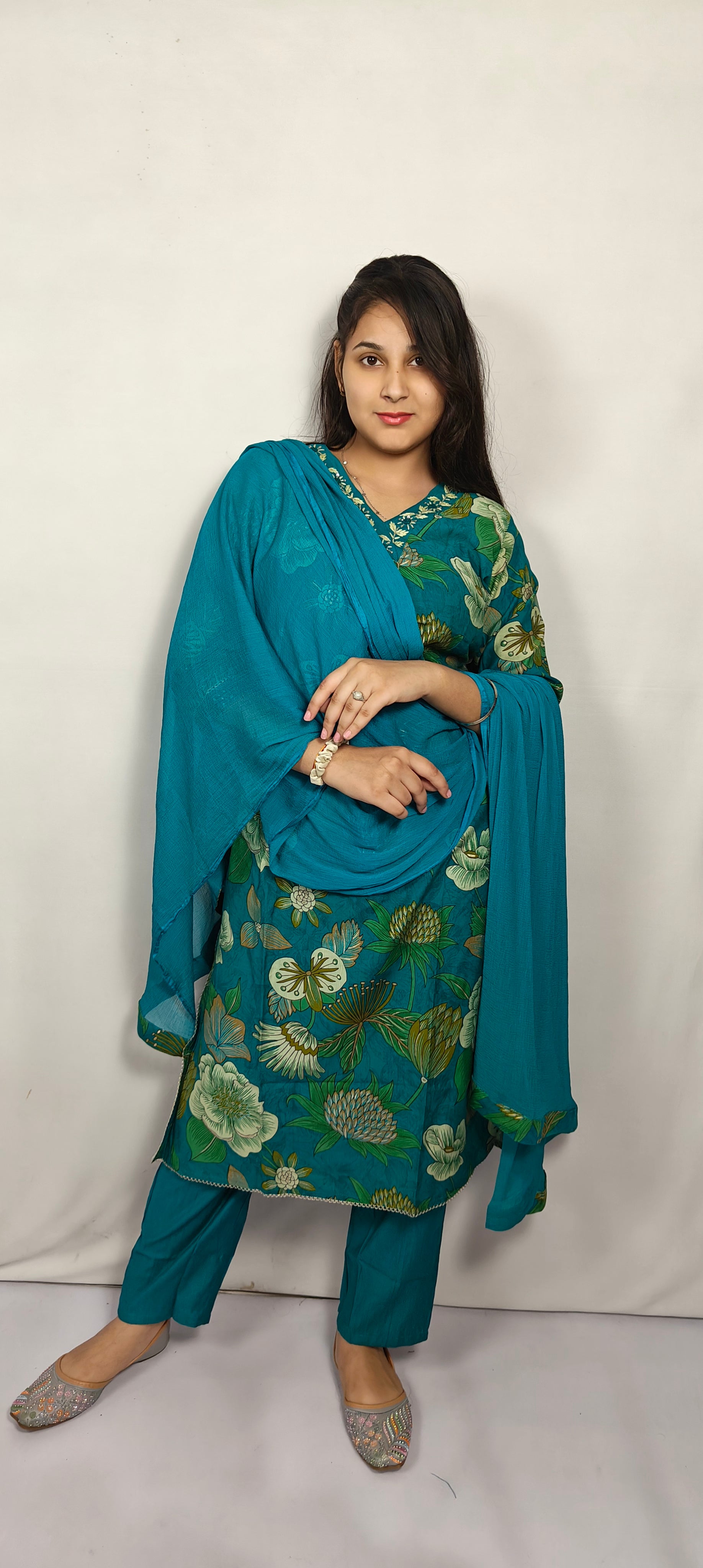 Teal Green Floral Printed 3-Piece Kurta Set (Z0234)