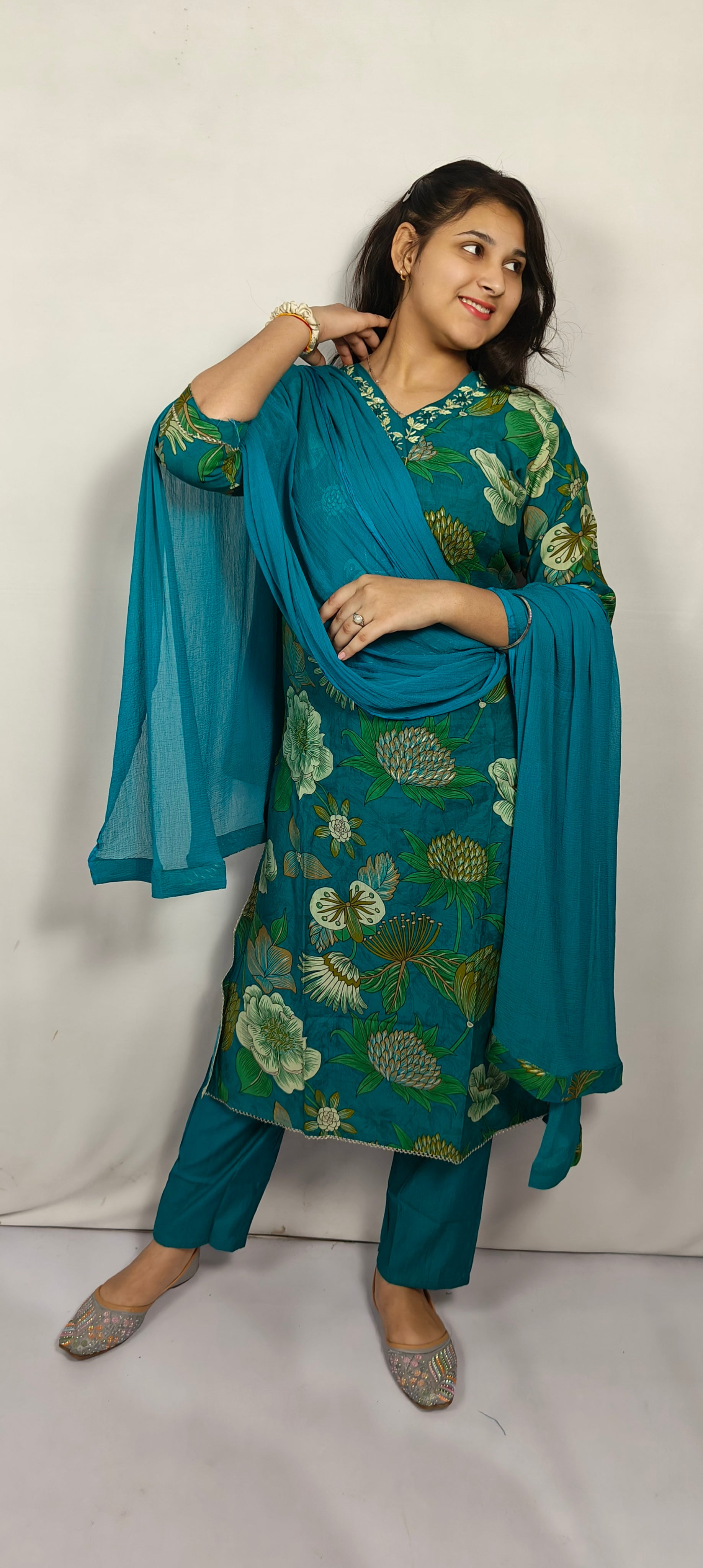Teal Green Floral Printed 3-Piece Kurta Set (Z0234)