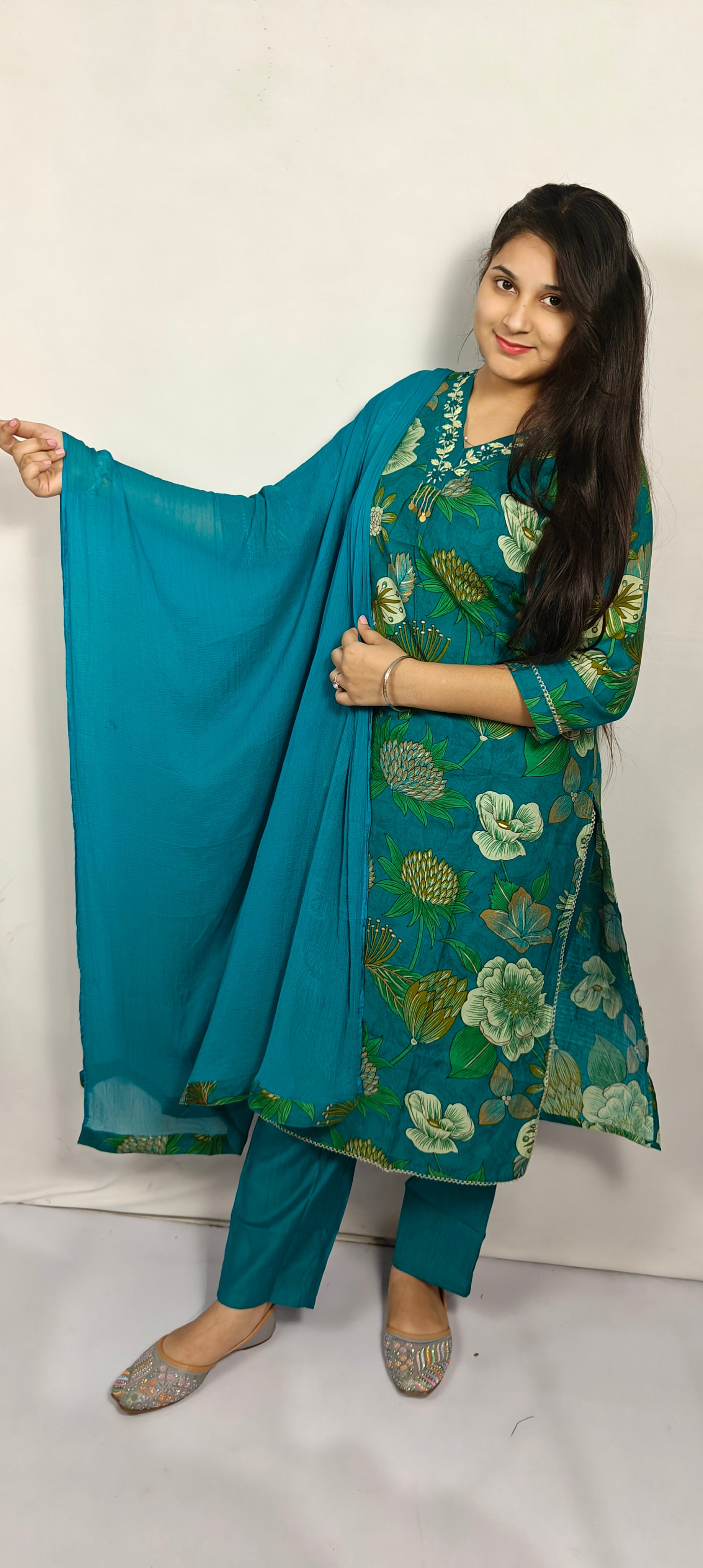 Teal Green Floral Printed 3-Piece Kurta Set (Z0234)