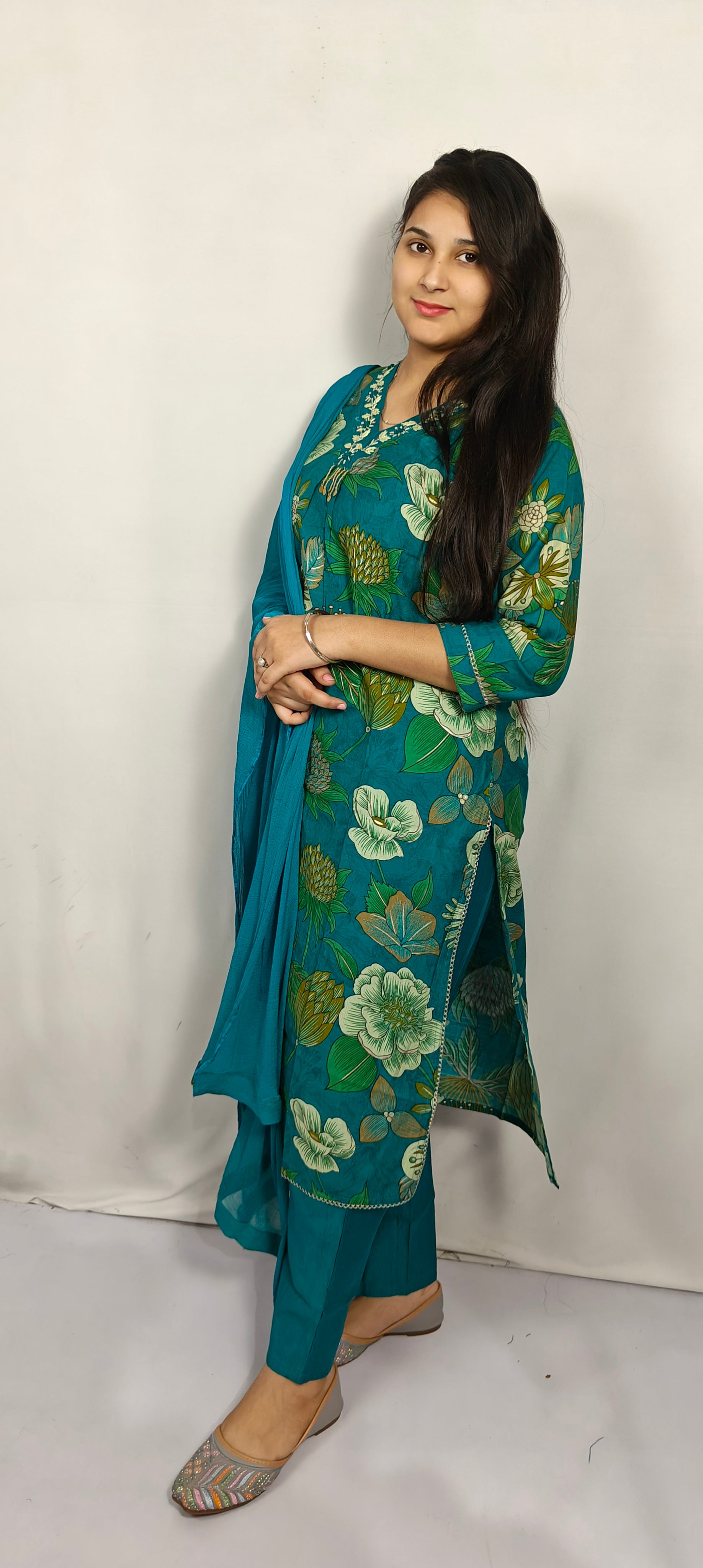 Teal Green Floral Printed 3-Piece Kurta Set (Z0234)