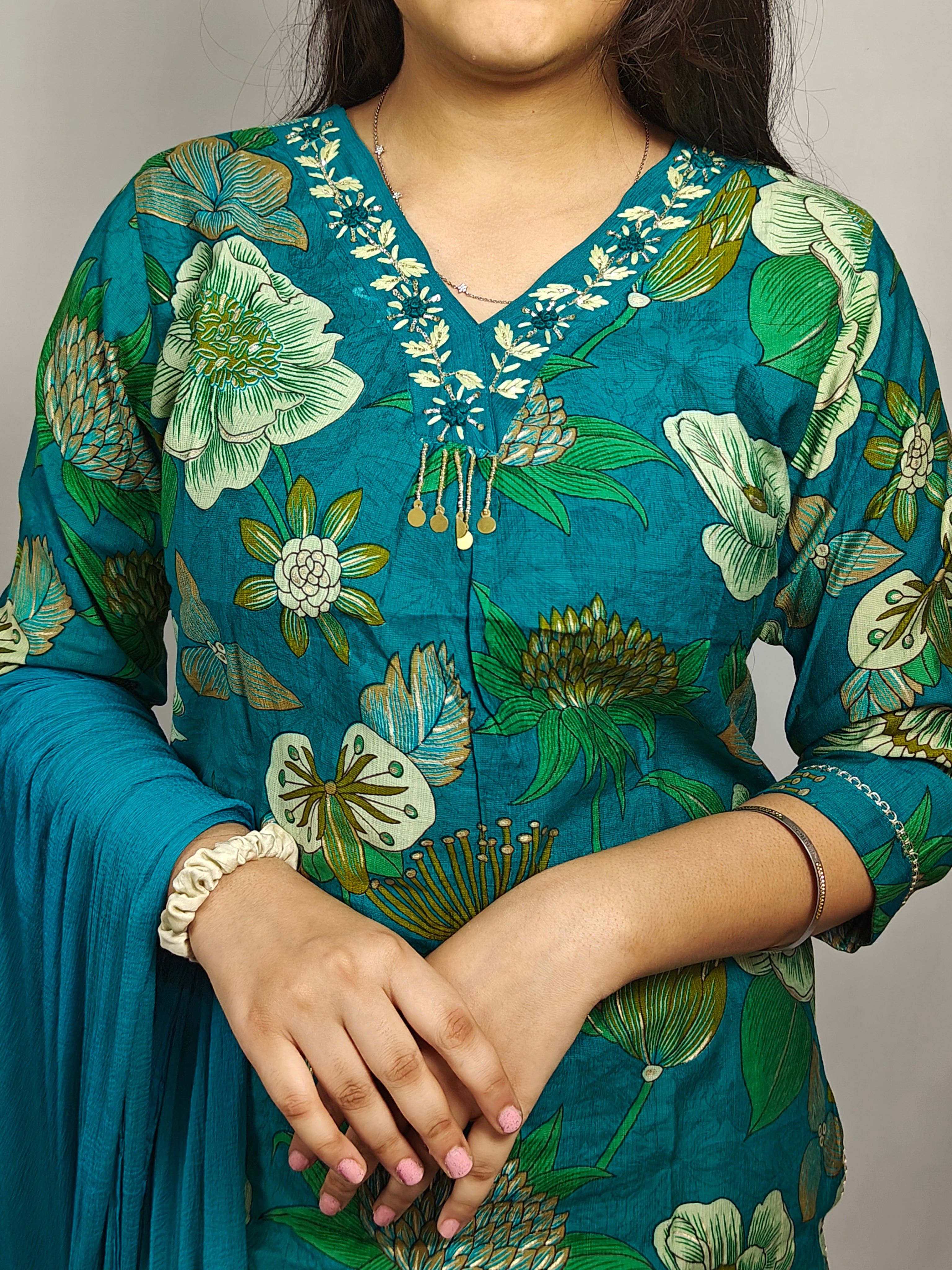 Teal Green Floral Printed 3-Piece Kurta Set (Z0234)