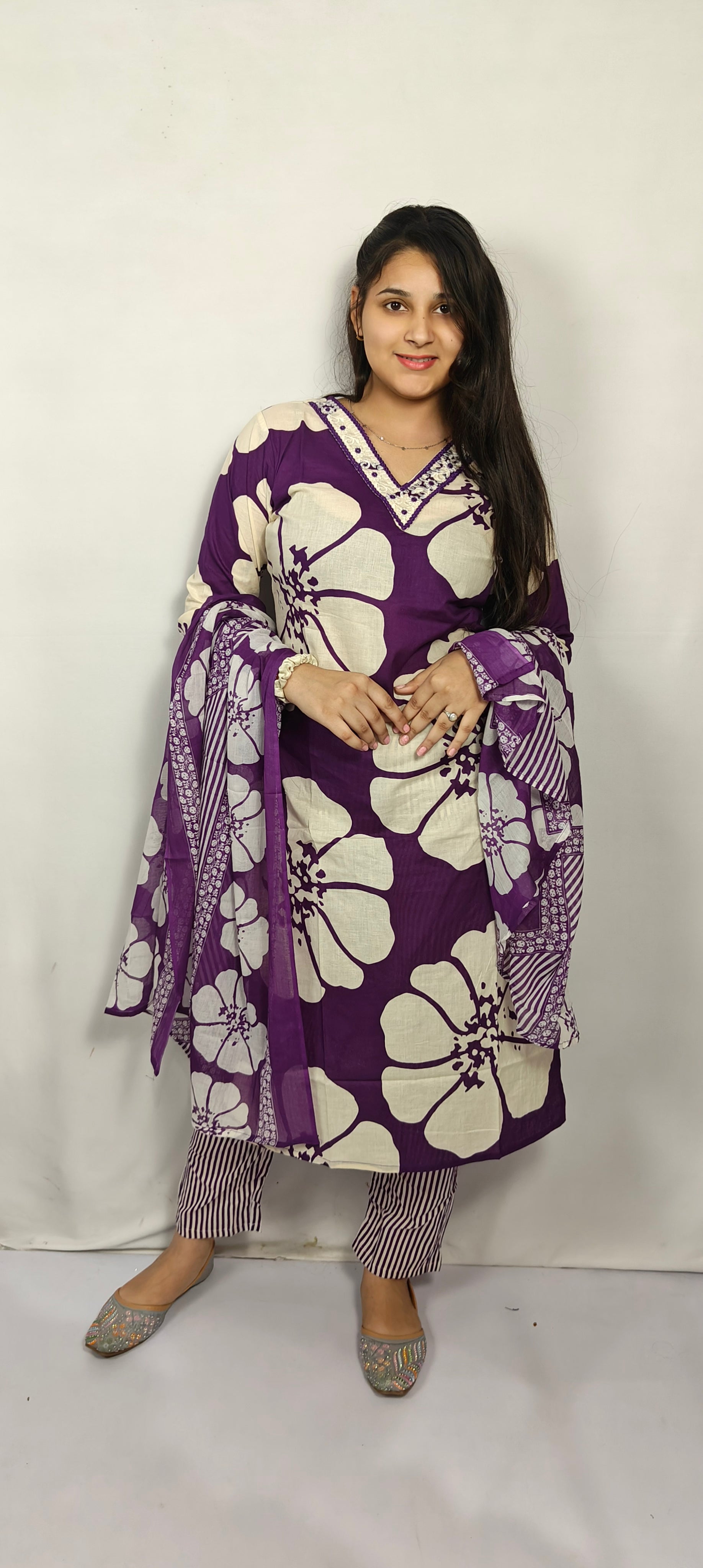 Purple Floral Printed 3 Piece Kurta Set (Z0233)