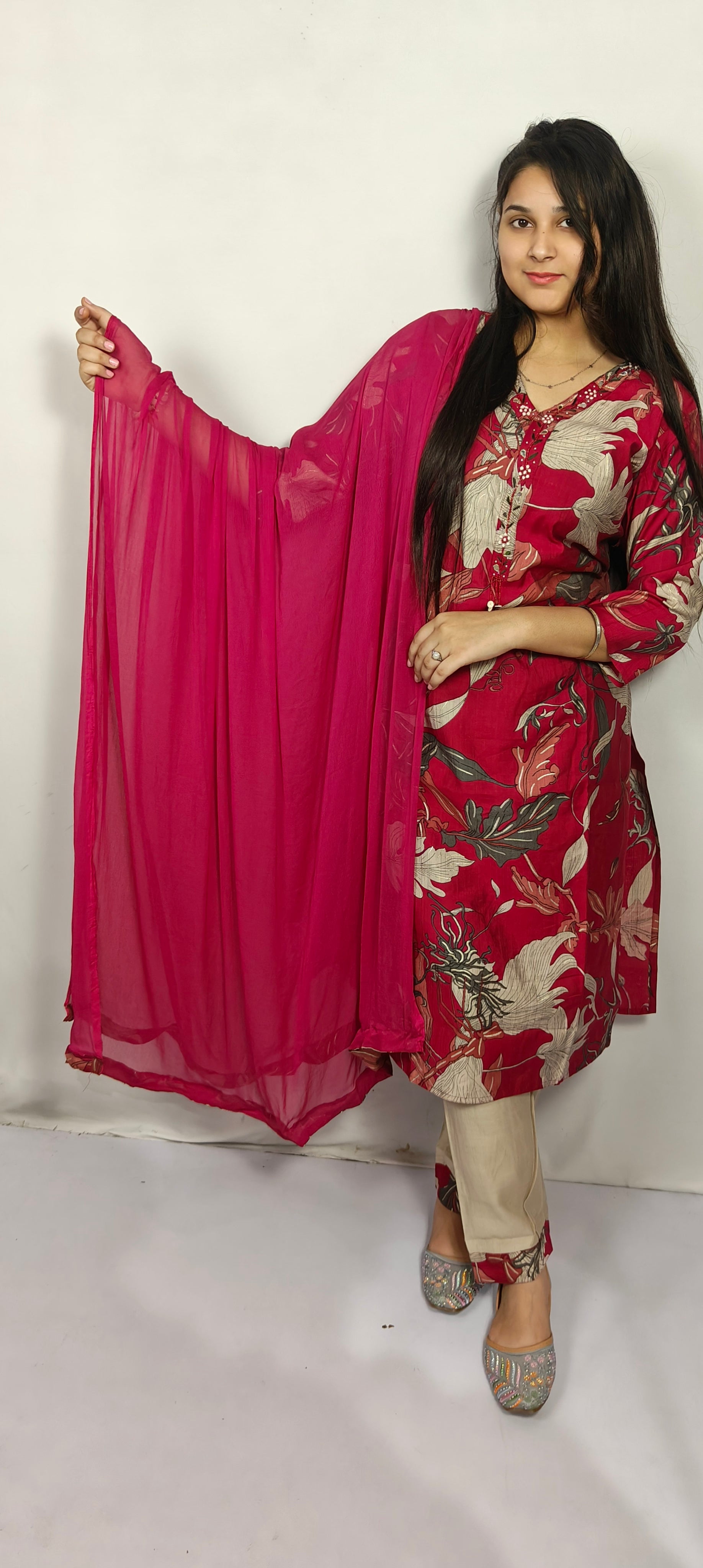 Maroon Floral Printed 3-Piece Kurta Set (Z0235)