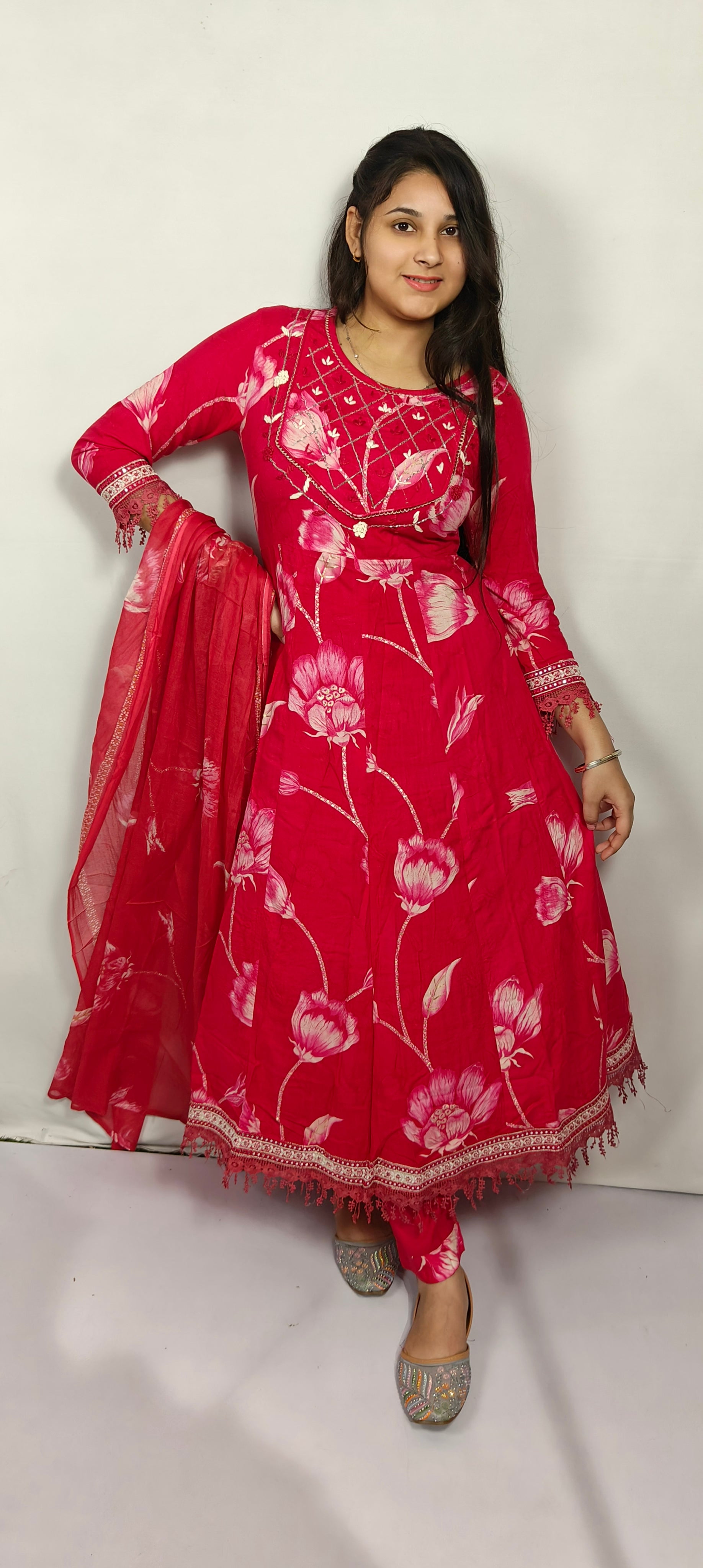 Red Floral Embroidered Anarkali Suit with Dupatta (Z0236)