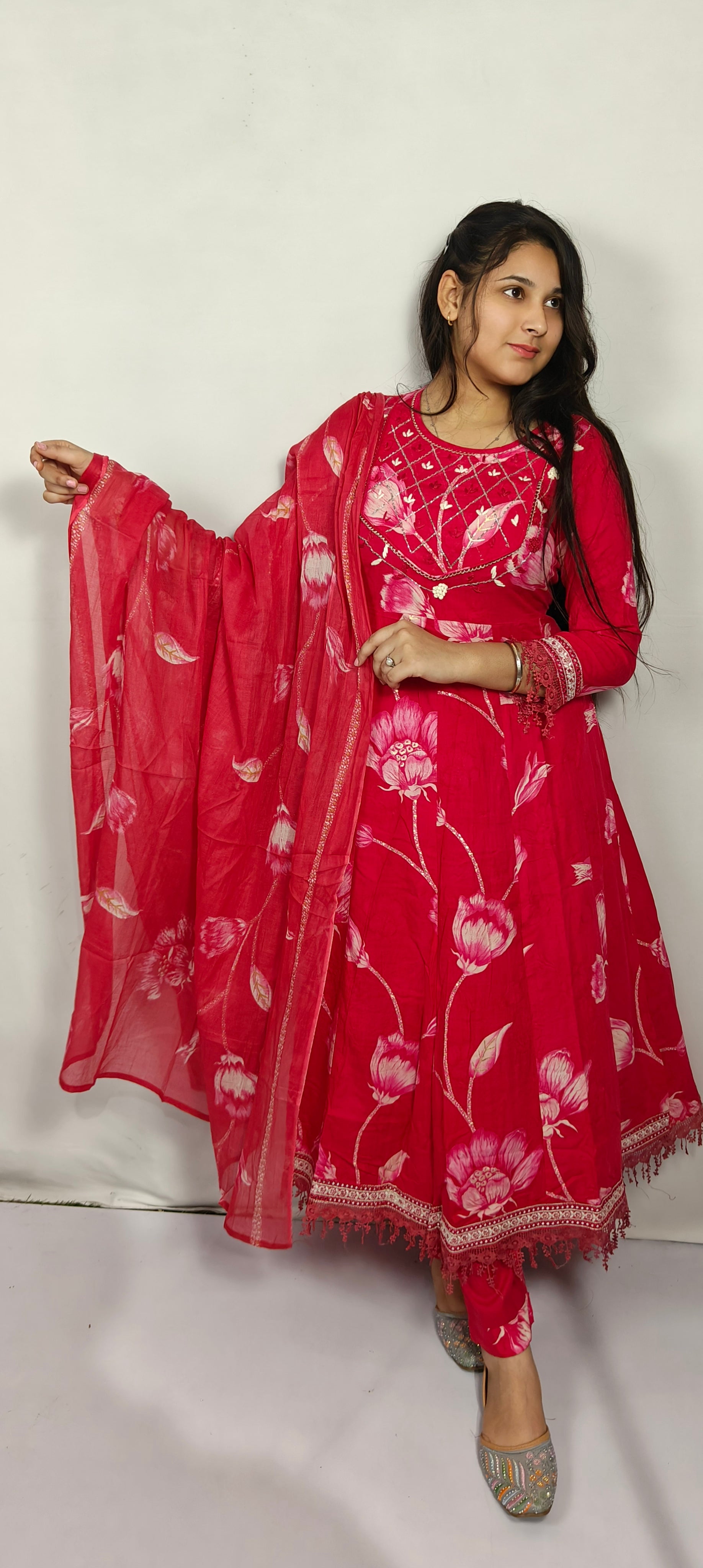 Red Floral Embroidered Anarkali Suit with Dupatta (Z0236)