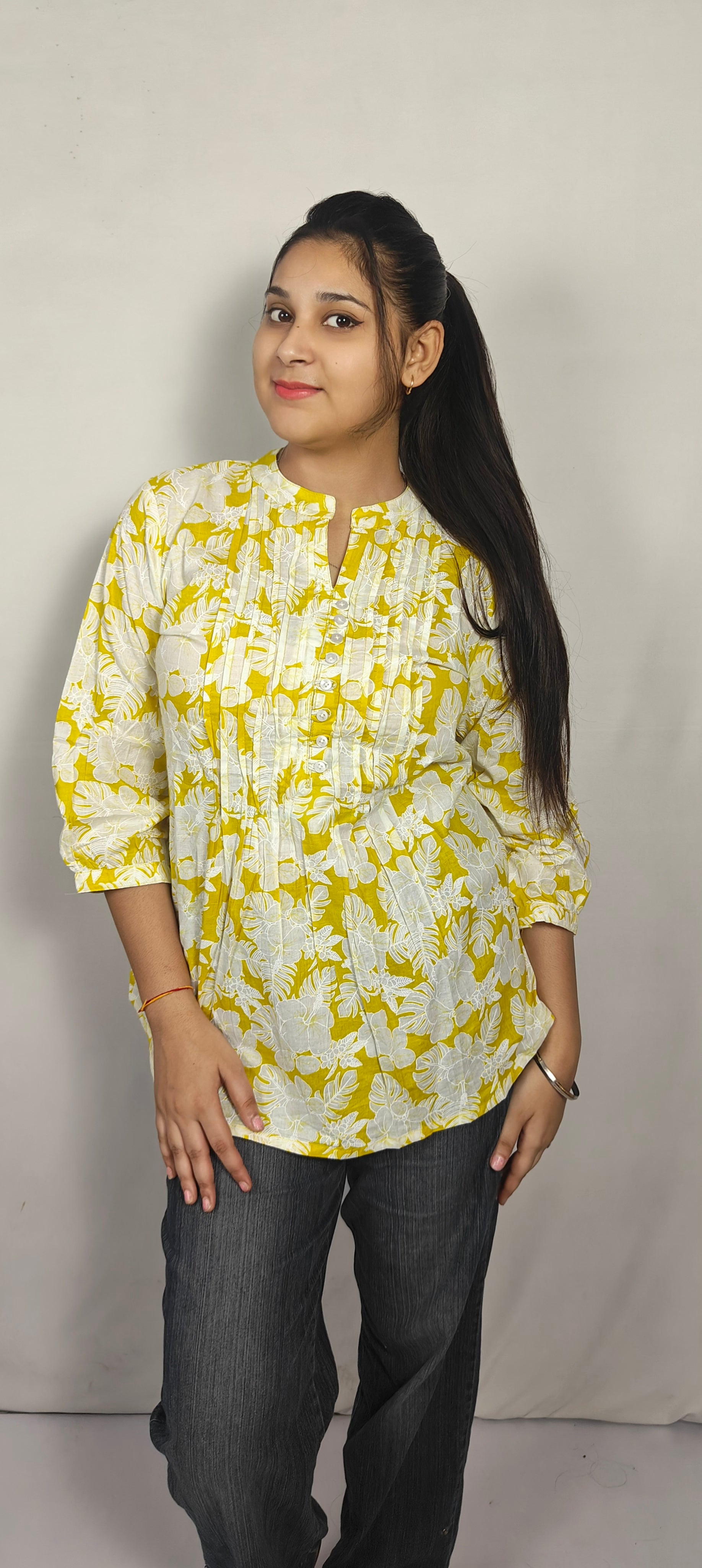 Lemmon yellow with white Floral Printed short kurti (Z0253)