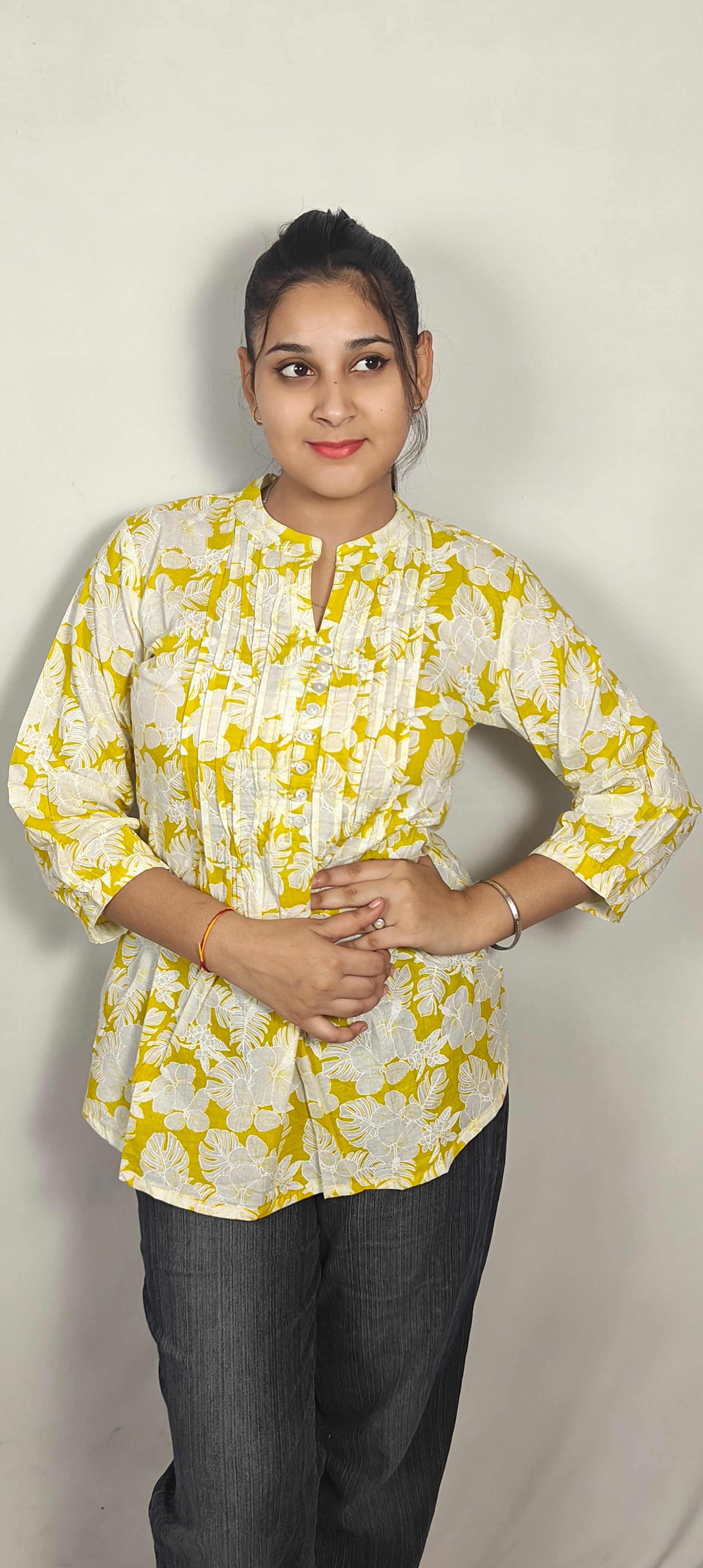 Lemmon yellow with white Floral Printed short kurti (Z0253)