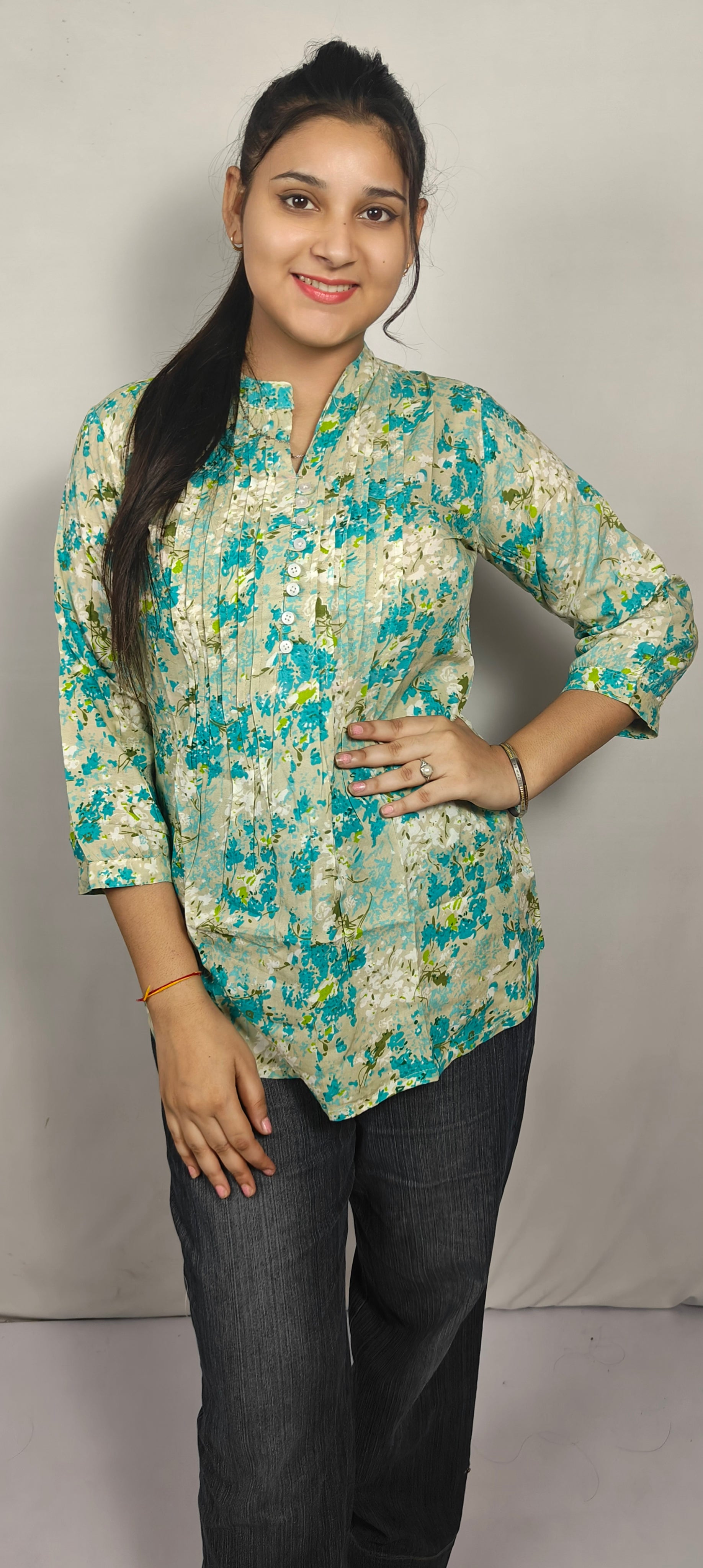 Blue with white Floral Printed short kurti (Z0254)