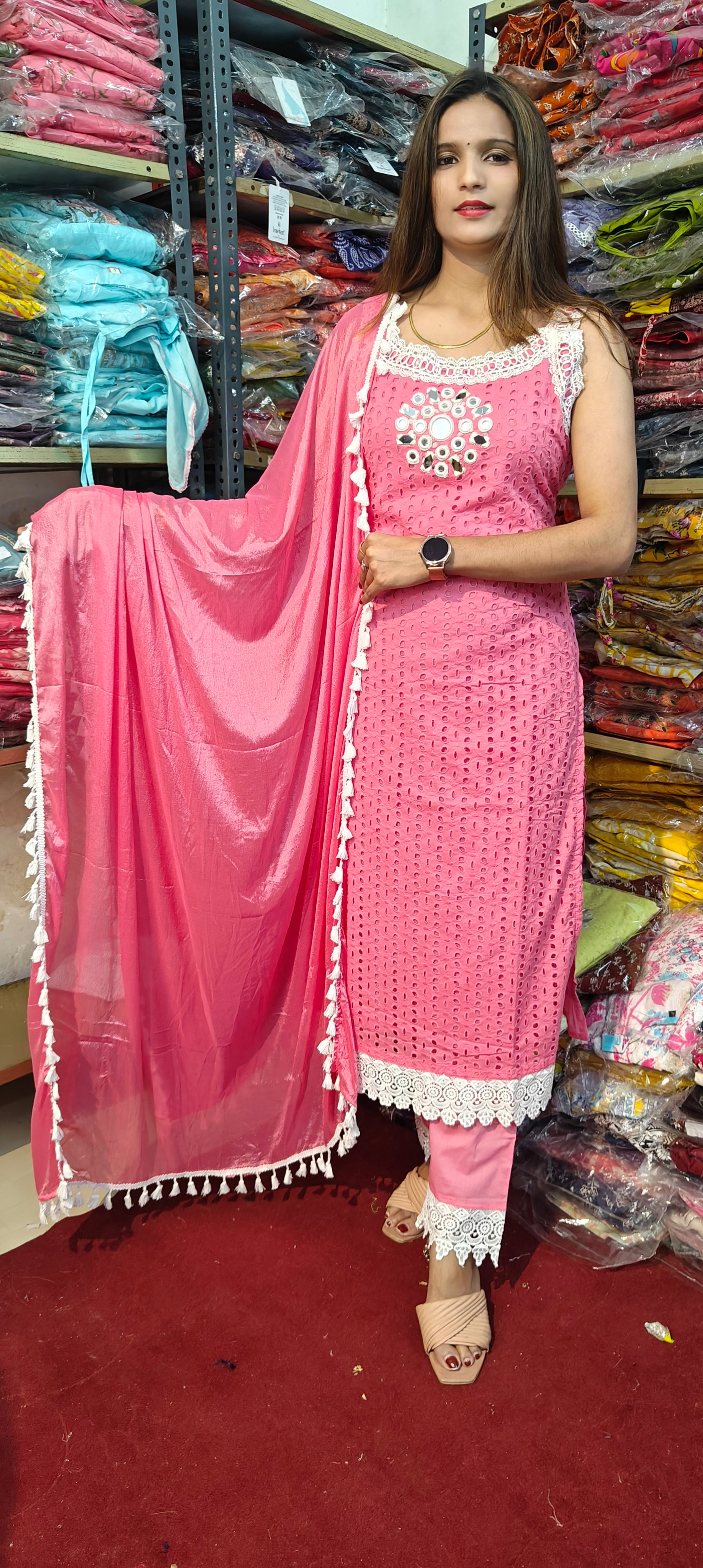 Pink & Yellow Embroidered Cotton Kurta Set Combo (C25)