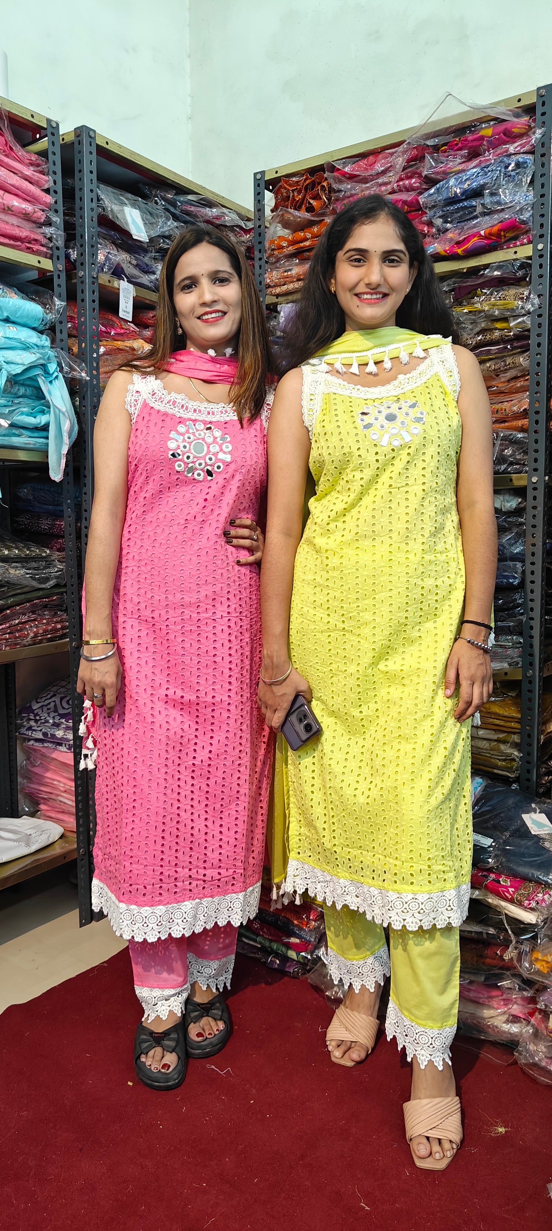Pink & Yellow Embroidered Cotton Kurta Set Combo (C25)