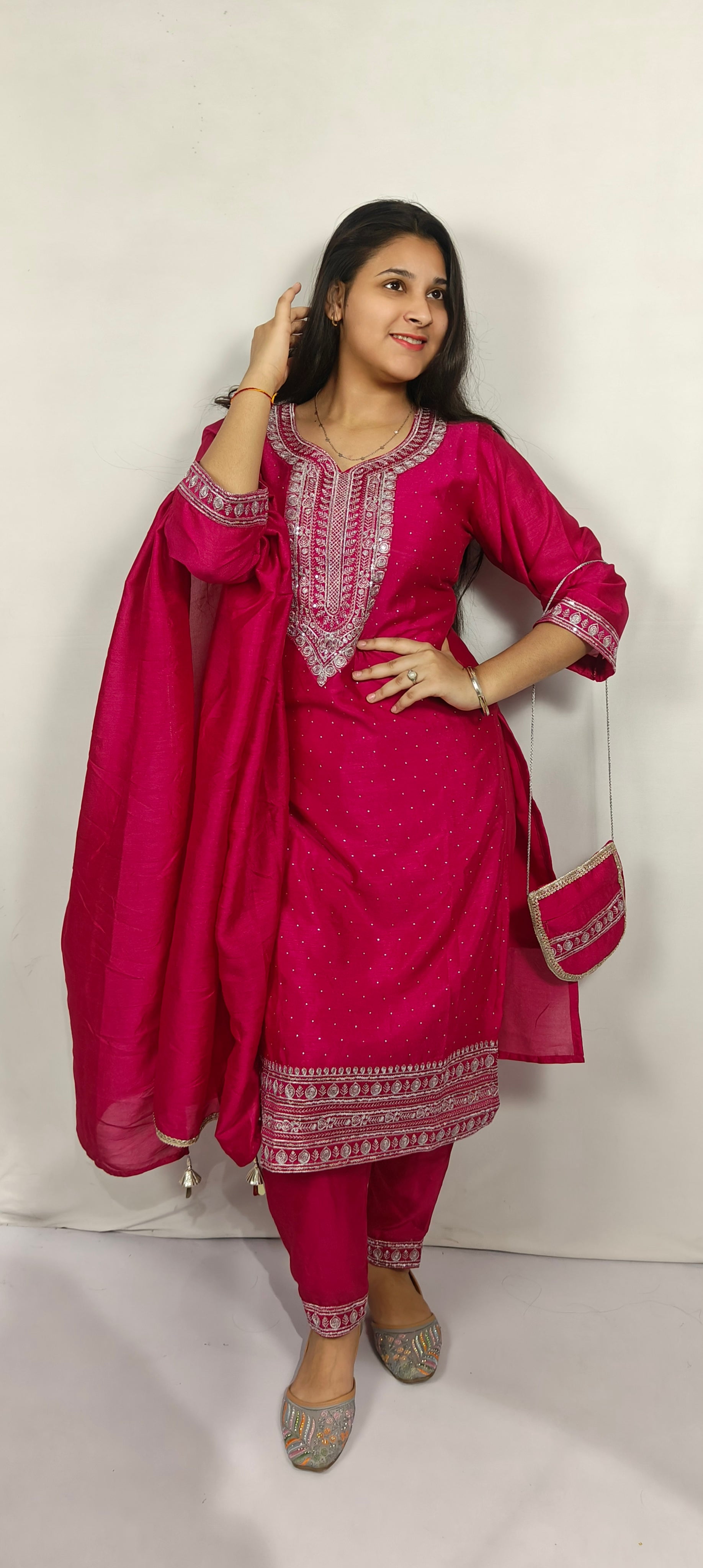 Magenta Embroidered Kurta Set with Dupatta & Potli Bag (Z0258)