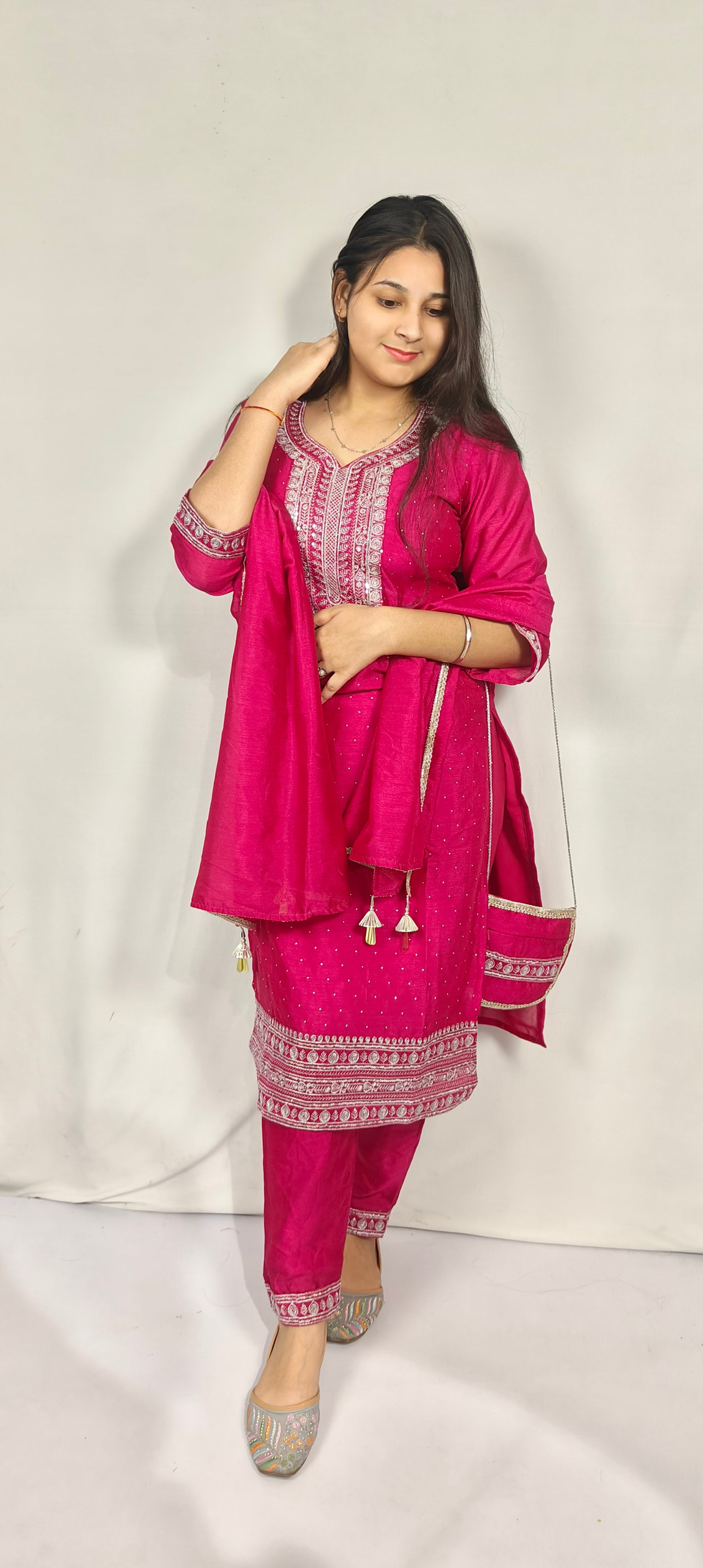Magenta Embroidered Kurta Set with Dupatta & Potli Bag (Z0258)
