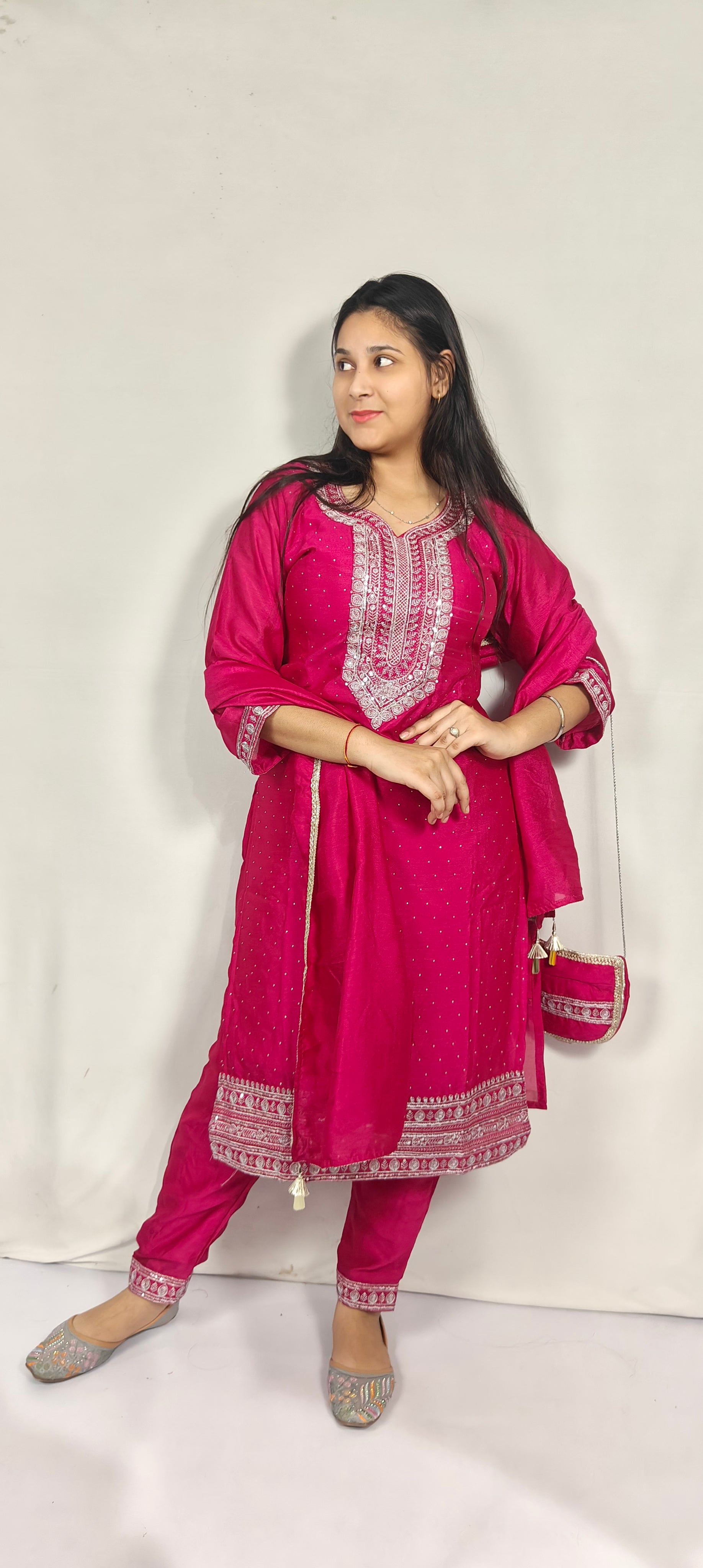 Magenta Embroidered Kurta Set with Dupatta & Potli Bag (Z0258)