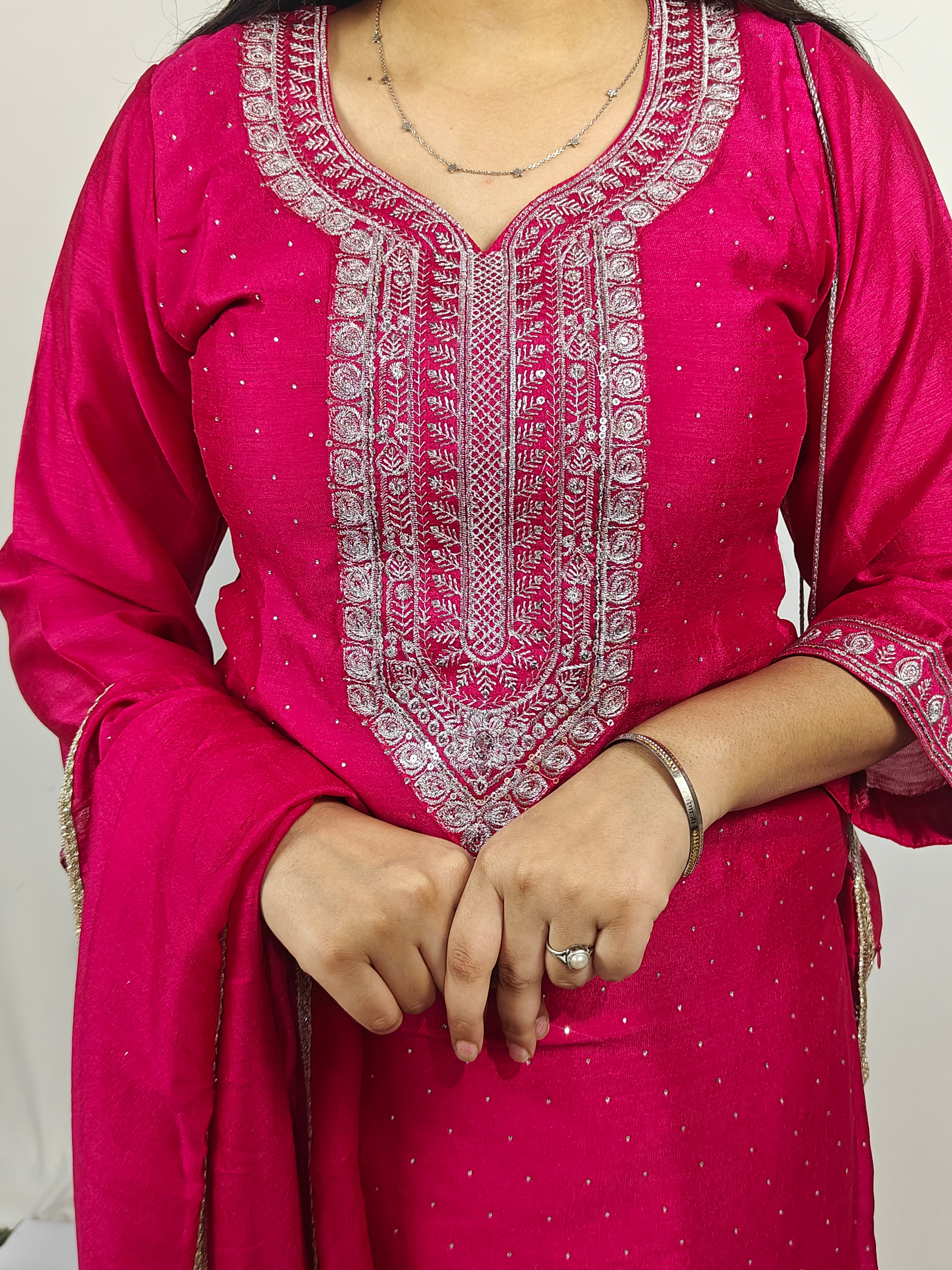 Magenta Embroidered Kurta Set with Dupatta & Potli Bag (Z0258)