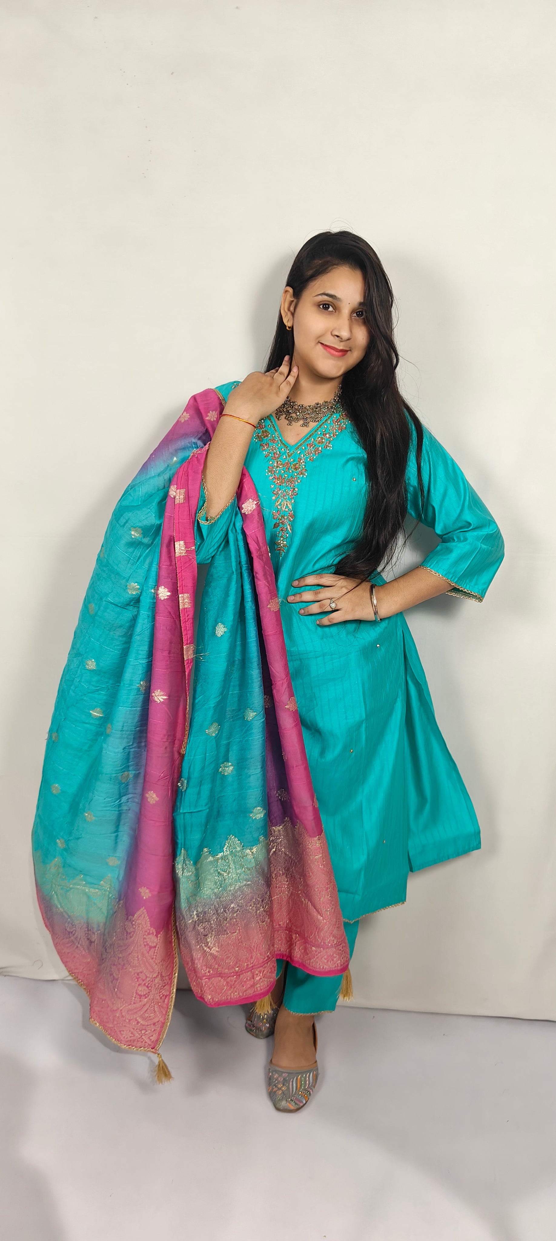 Teal Embroidered Kurta Set with Pink Banarasi Dupatta (Z0259)