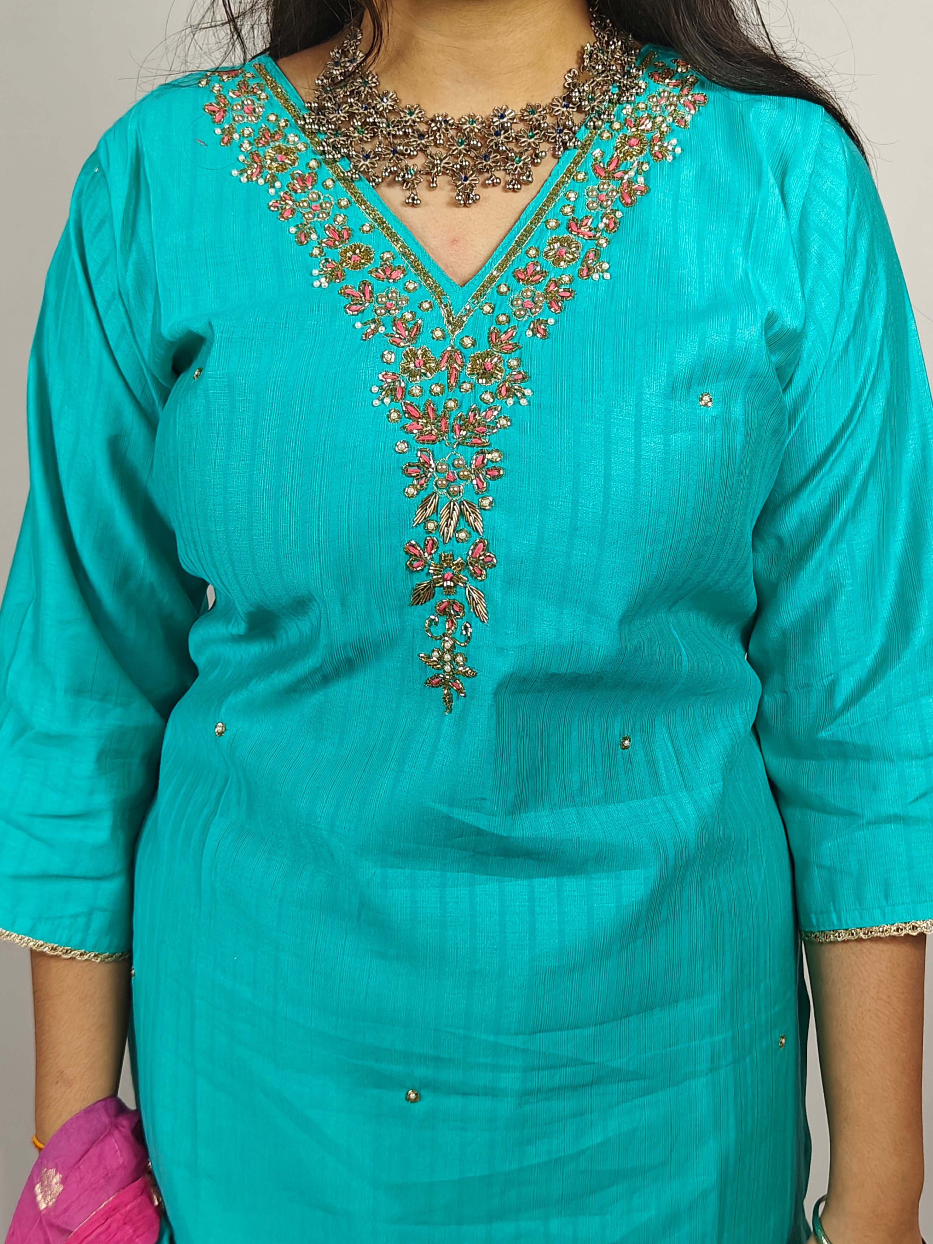 Teal Embroidered Kurta Set with Pink Banarasi Dupatta (Z0259)