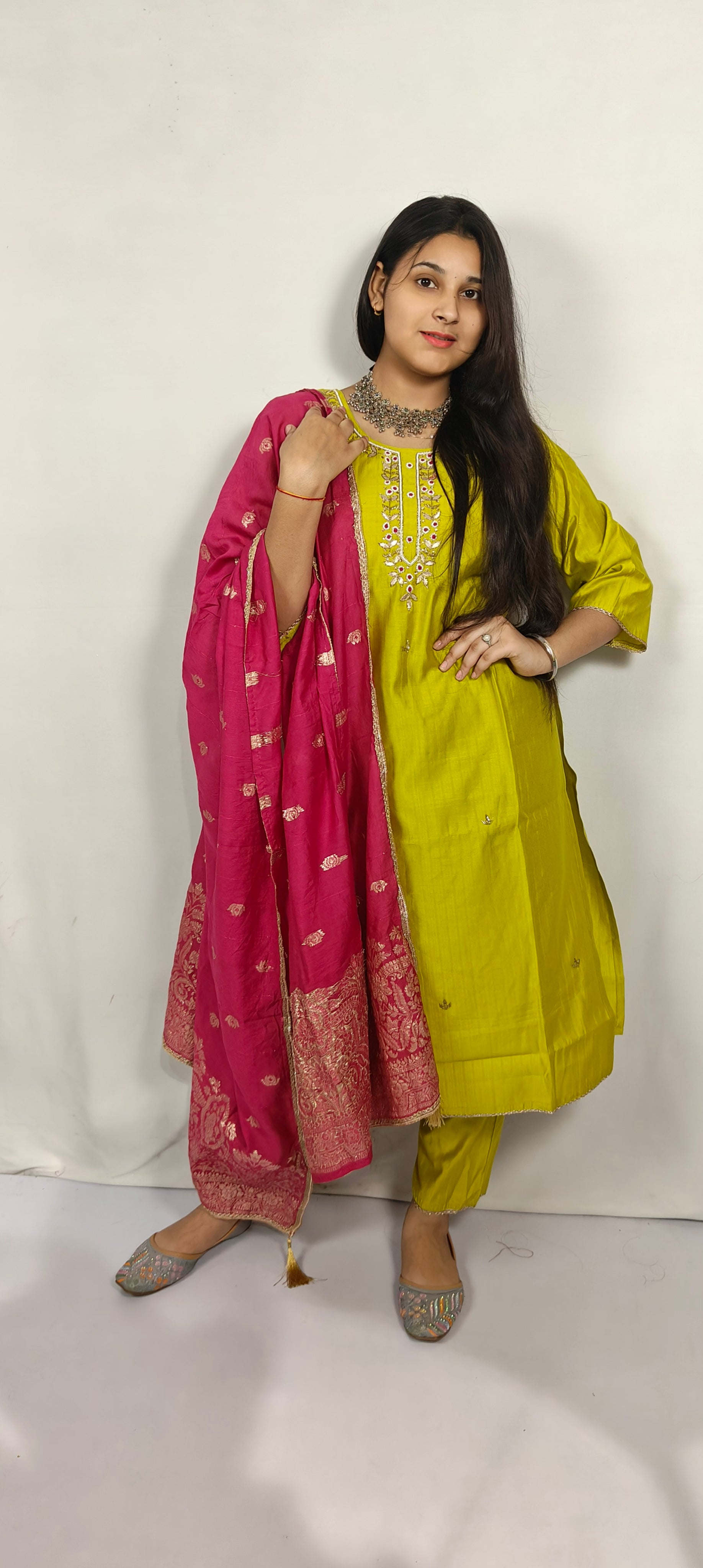 Lime Green Embroidered Kurta Set with Pink Banarasi Dupatta (Z0260)