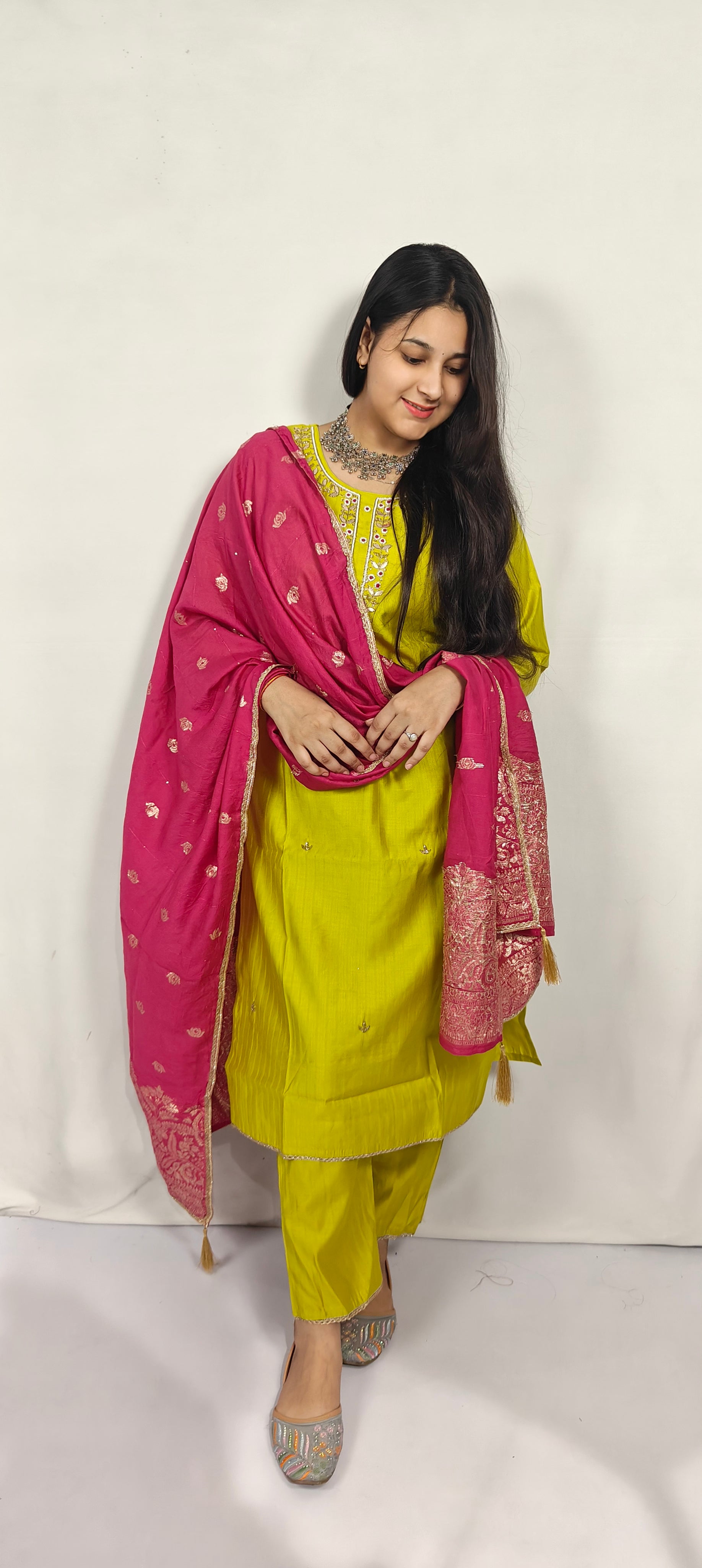 Lime Green Embroidered Kurta Set with Pink Banarasi Dupatta (Z0260)