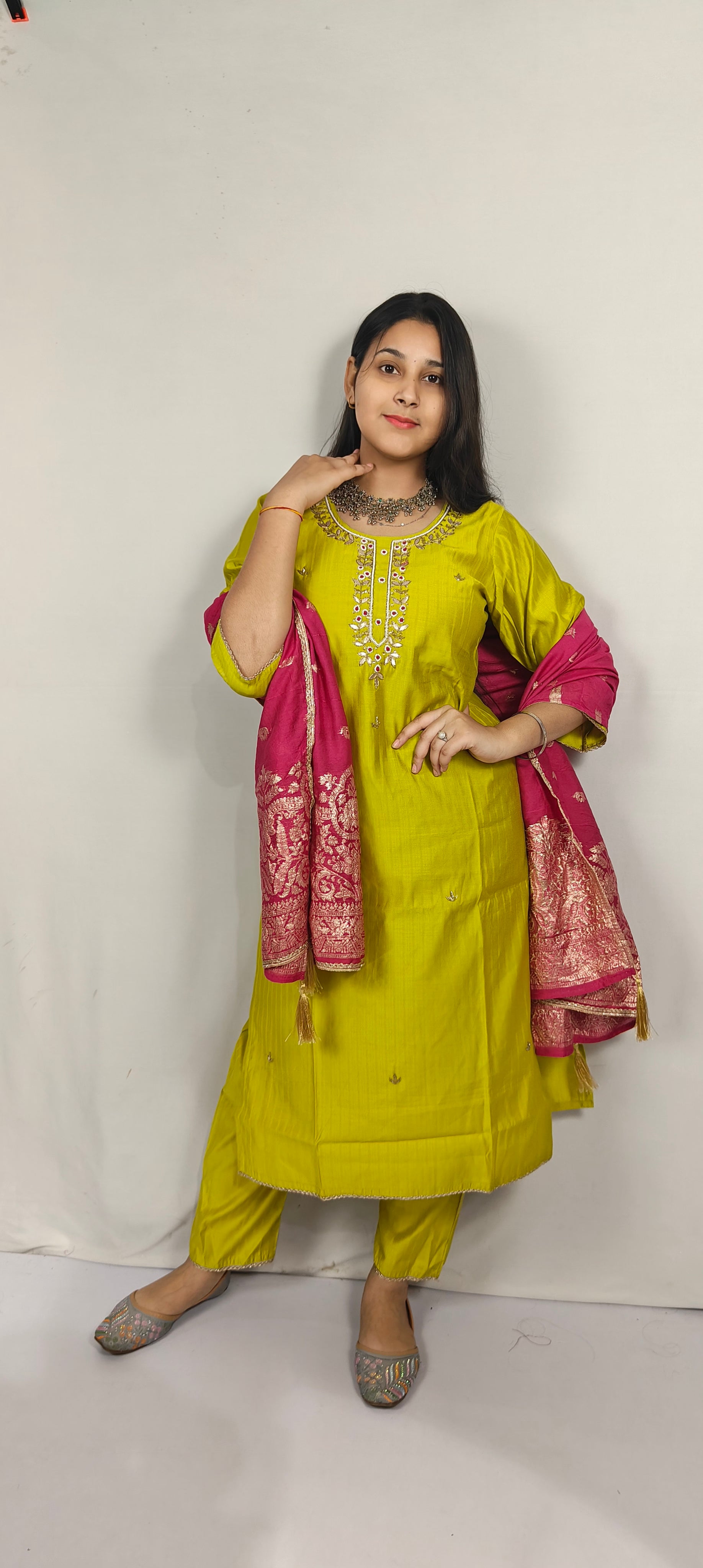 Lime Green Embroidered Kurta Set with Pink Banarasi Dupatta (Z0260)