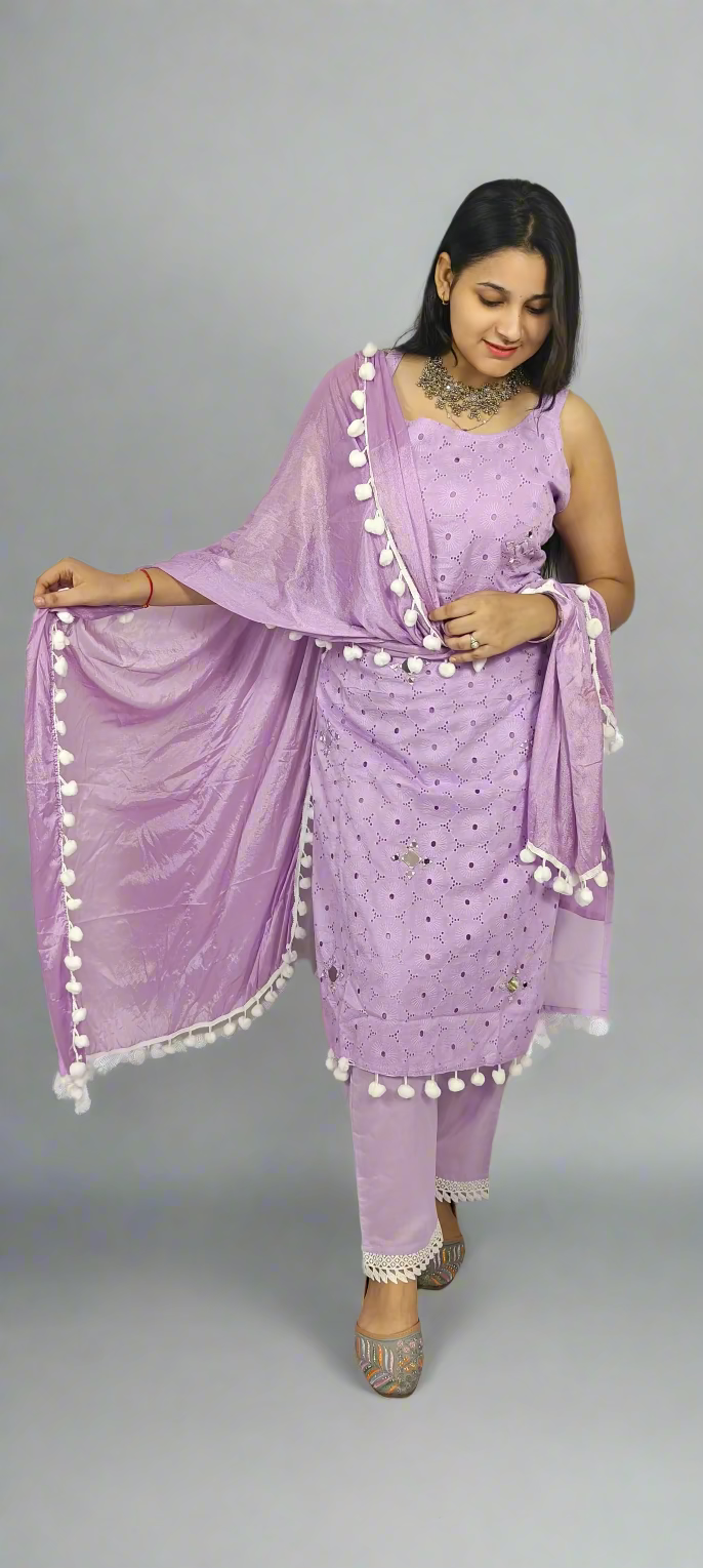 Lavender Pom-Pom Embroidered Kurta Set (Z0262)