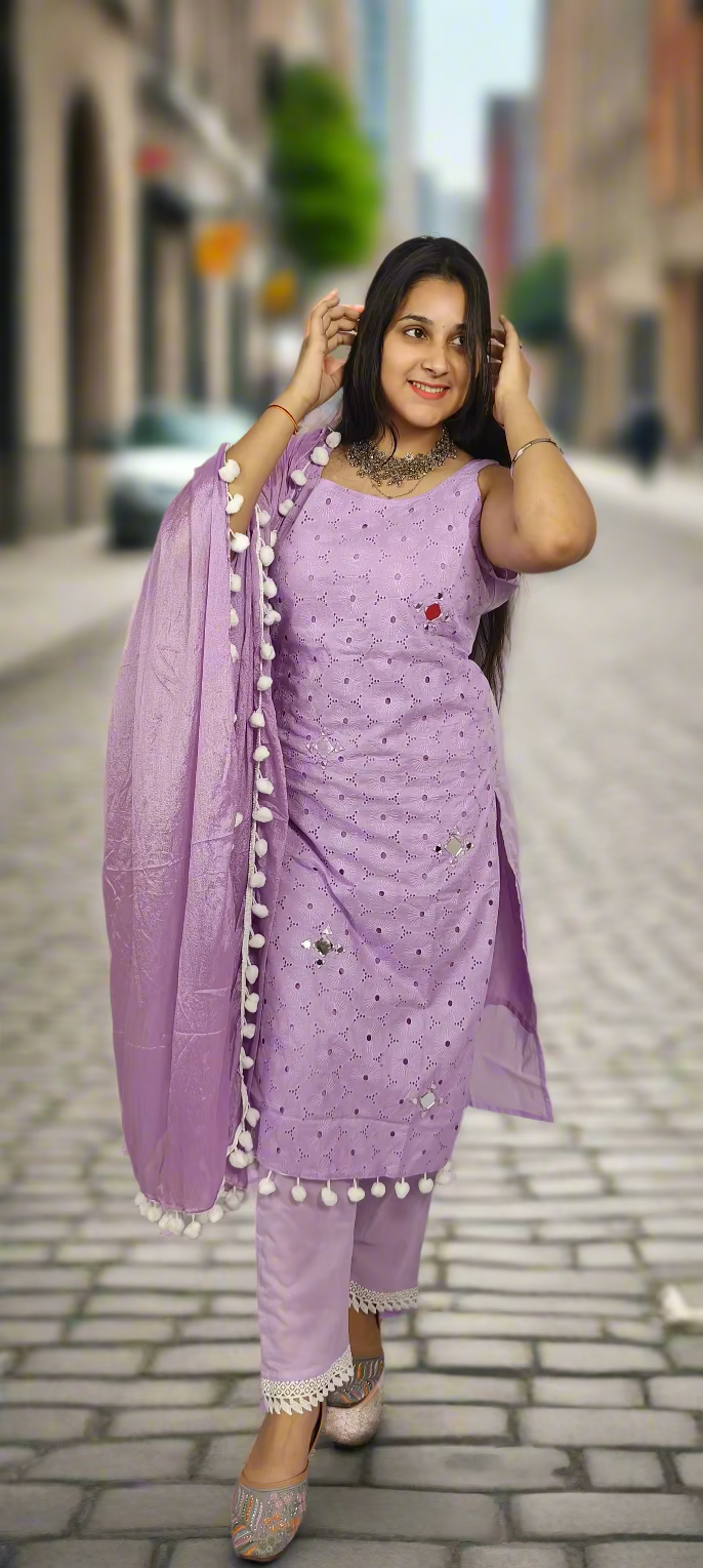 Lavender Pom-Pom Embroidered Kurta Set (Z0262)
