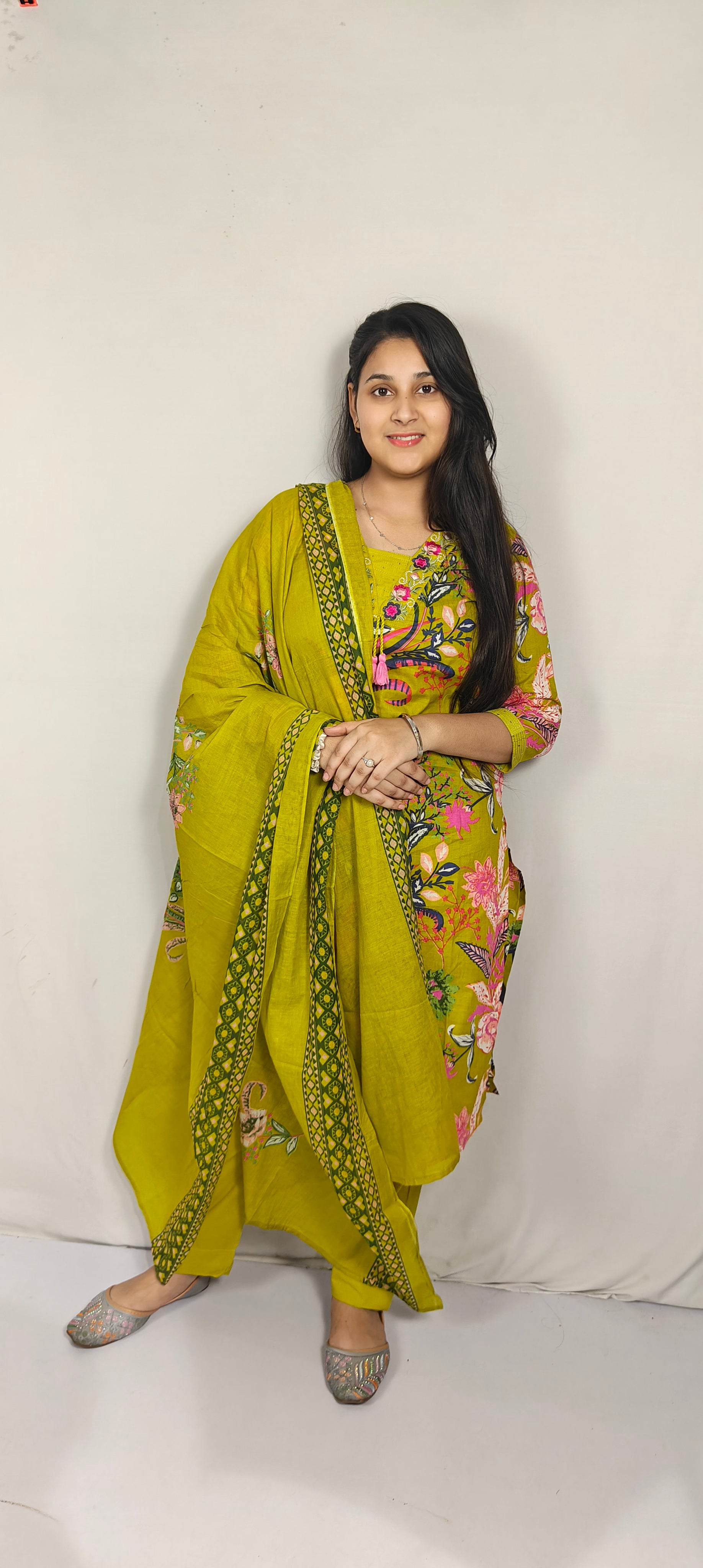 Olive Green Floral Printed Cotton Kurta Set with Dupatta (Z0267)