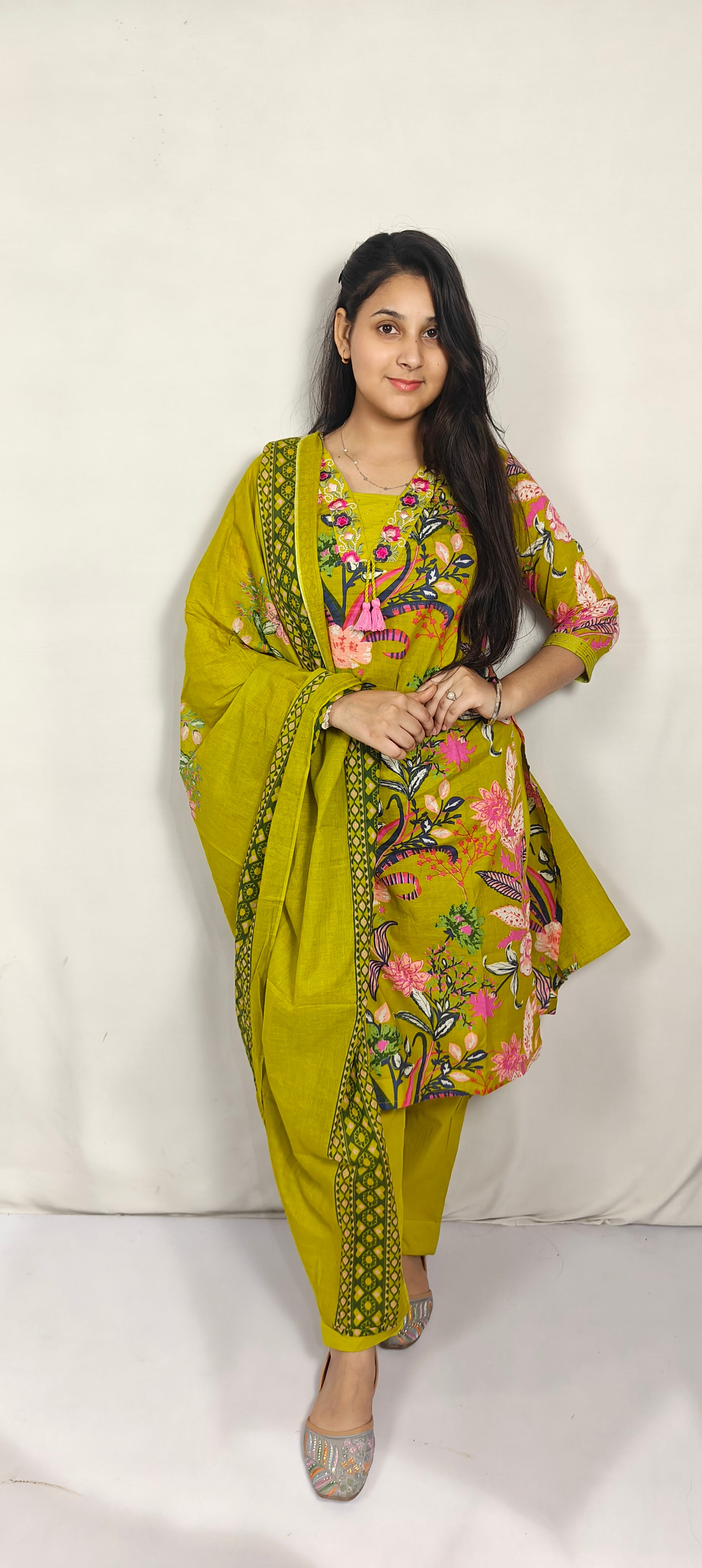 Olive Green Floral Printed Cotton Kurta Set with Dupatta (Z0267)