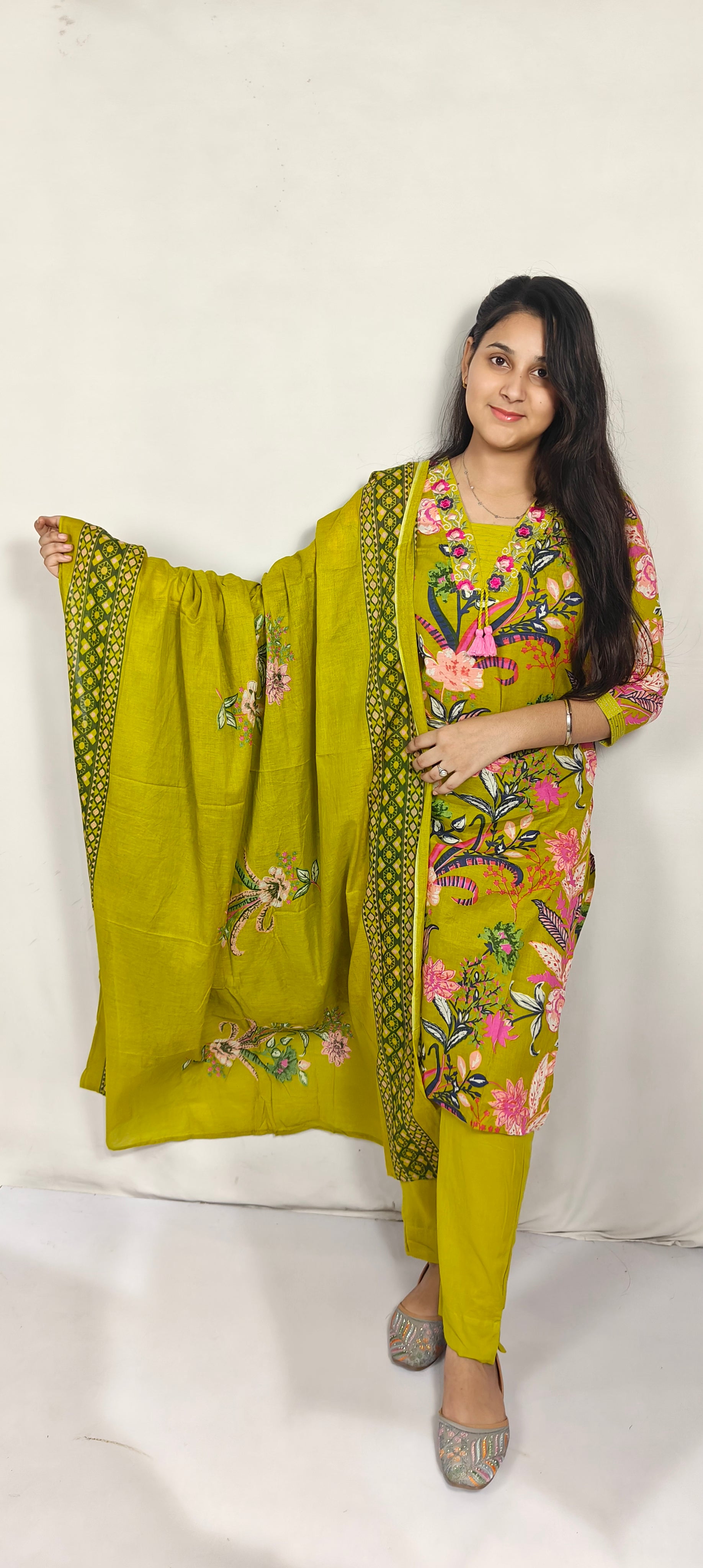 Olive Green Floral Printed Cotton Kurta Set with Dupatta (Z0267)