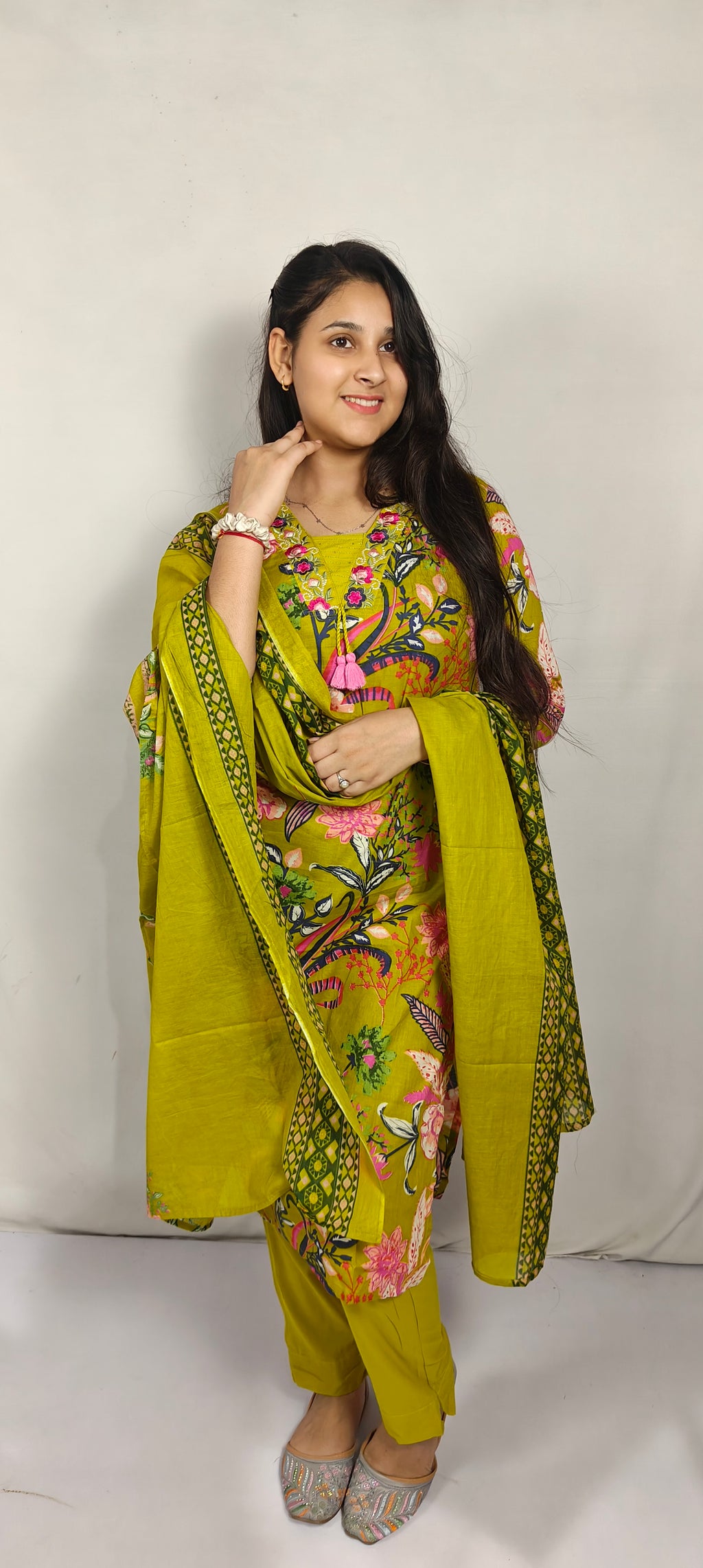 Olive Green Floral Printed Cotton Kurta Set with Dupatta (Z0267)