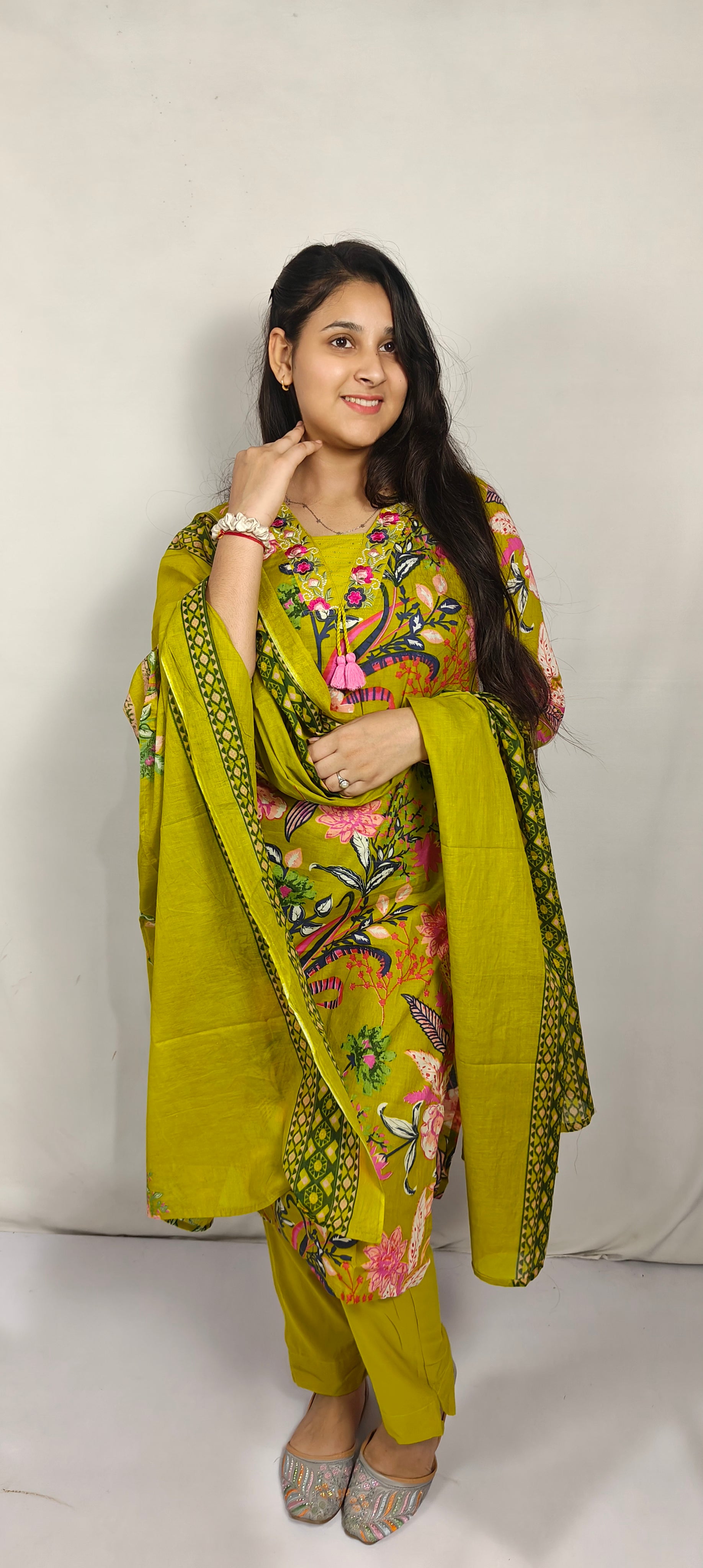 Olive Green Floral Printed Cotton Kurta Set with Dupatta (Z0267)