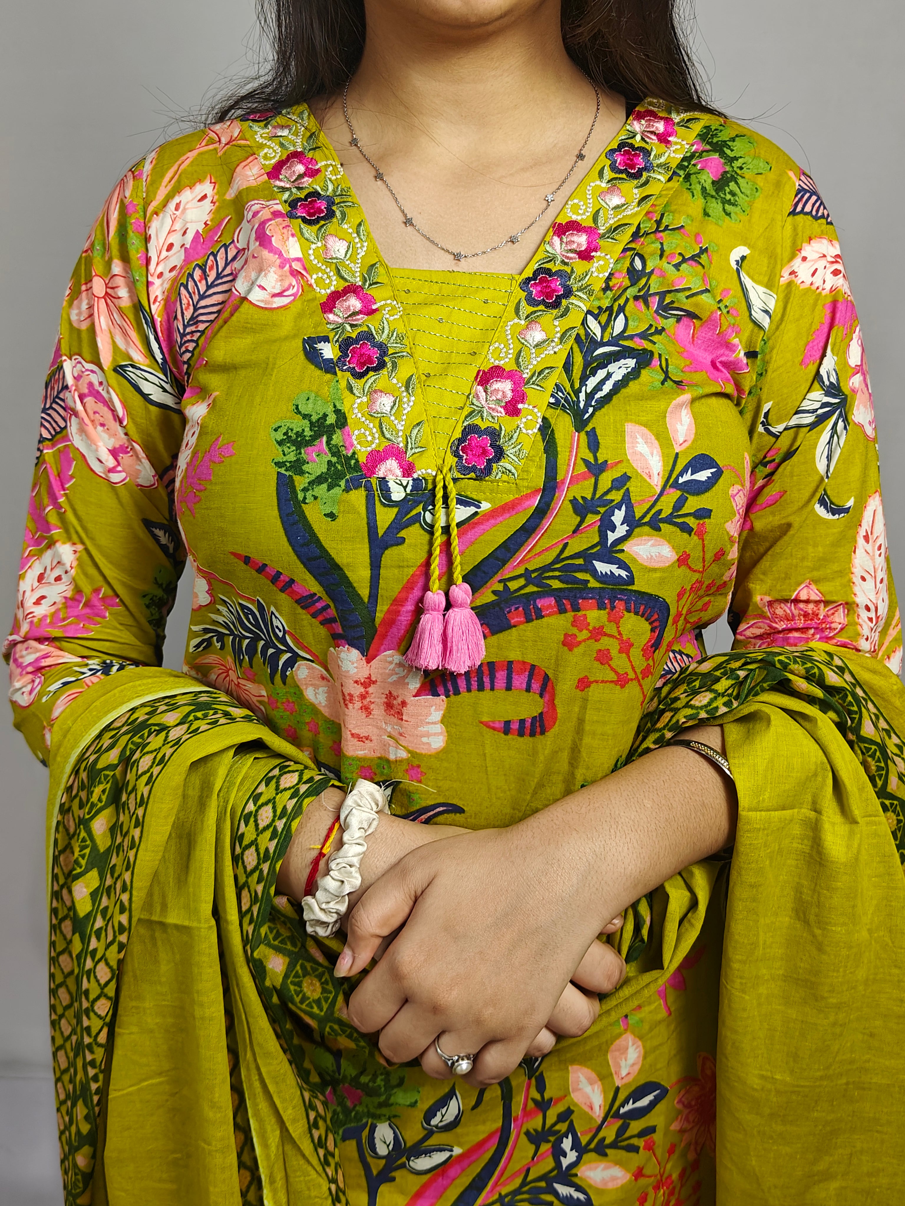 Olive Green Floral Printed Cotton Kurta Set with Dupatta (Z0267)