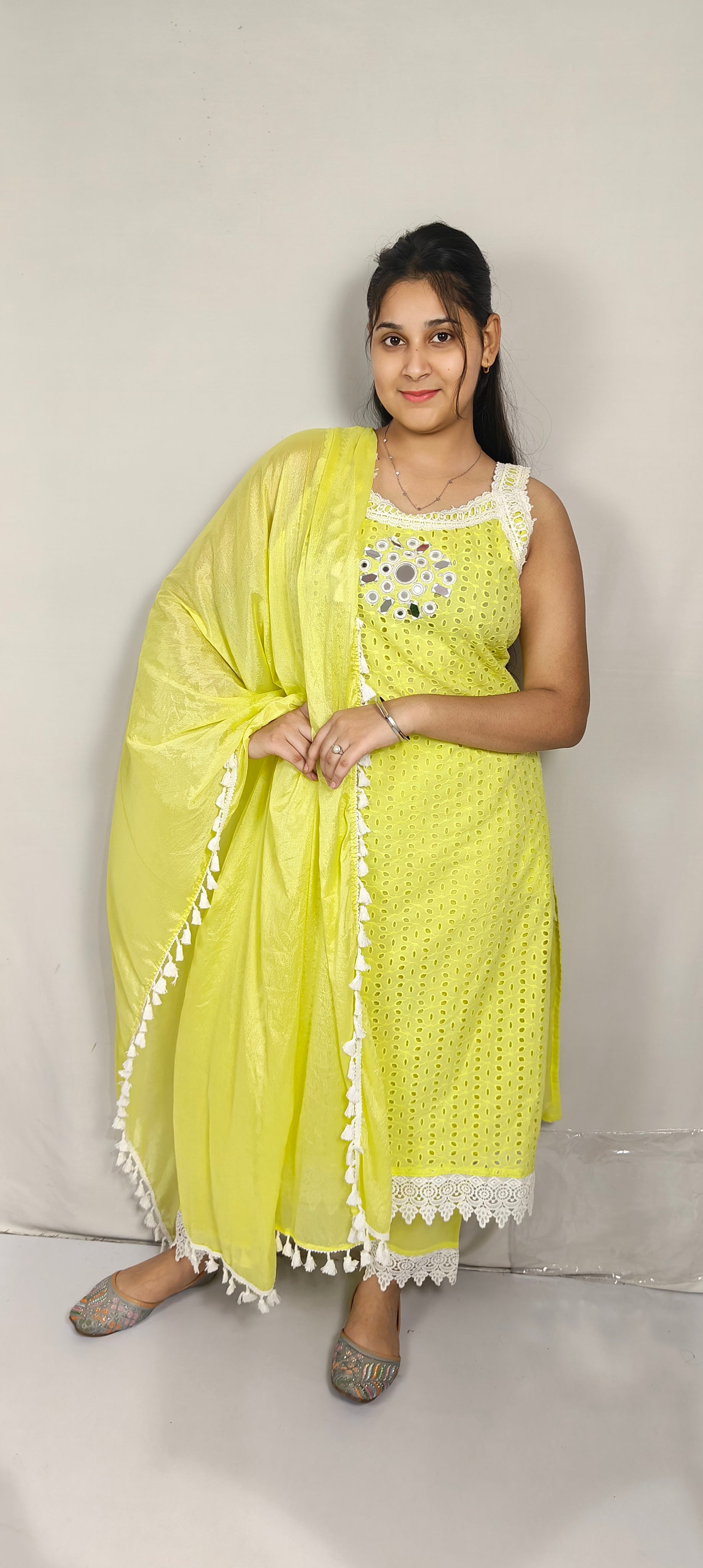 Lime Yellow Embroidered Cotton Kurta Set with Dupatta (Z0263)