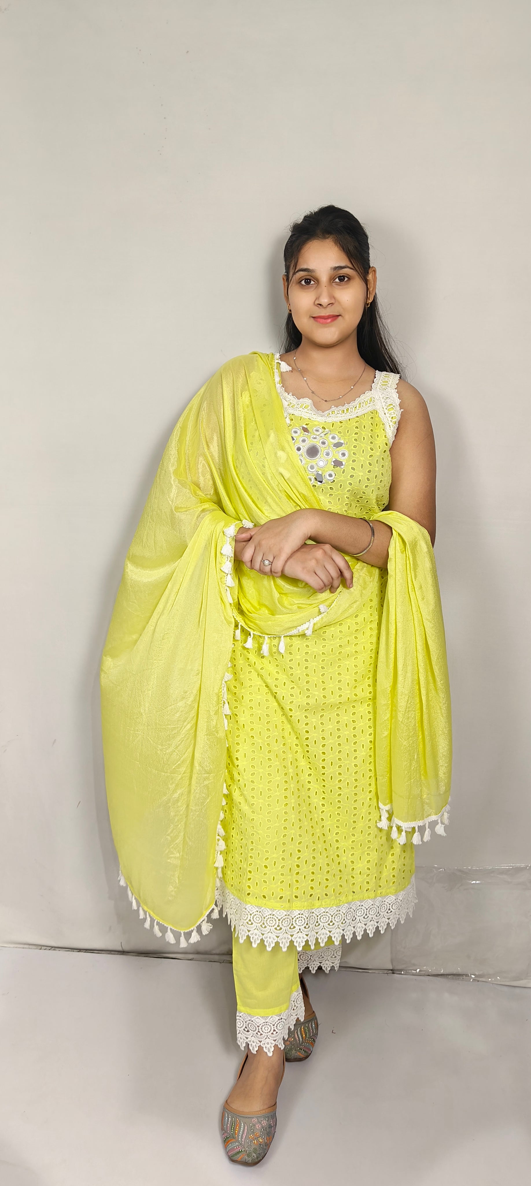 Lime Yellow Embroidered Cotton Kurta Set with Dupatta (Z0263)