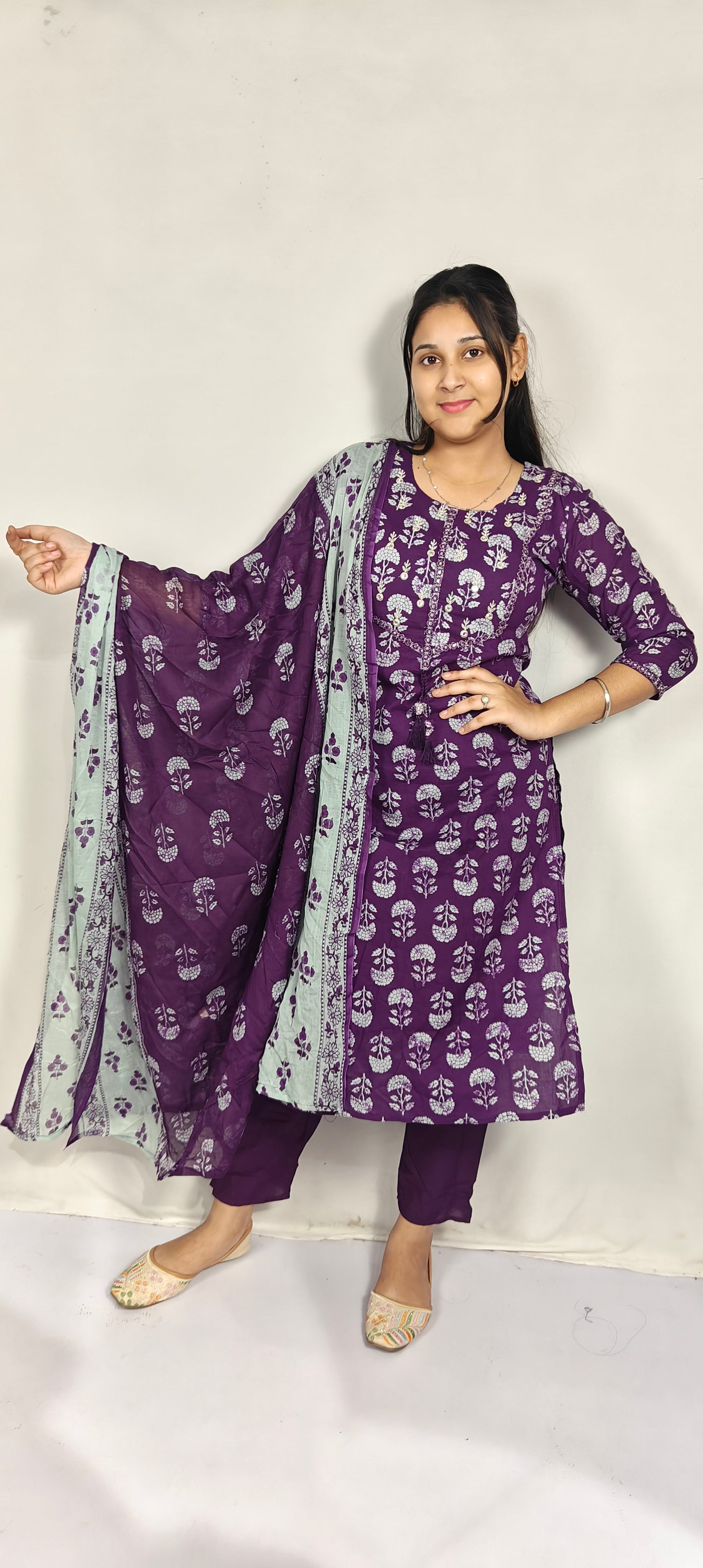 Purple Floral Printed 3 Piece Kurta Set (Z0278)