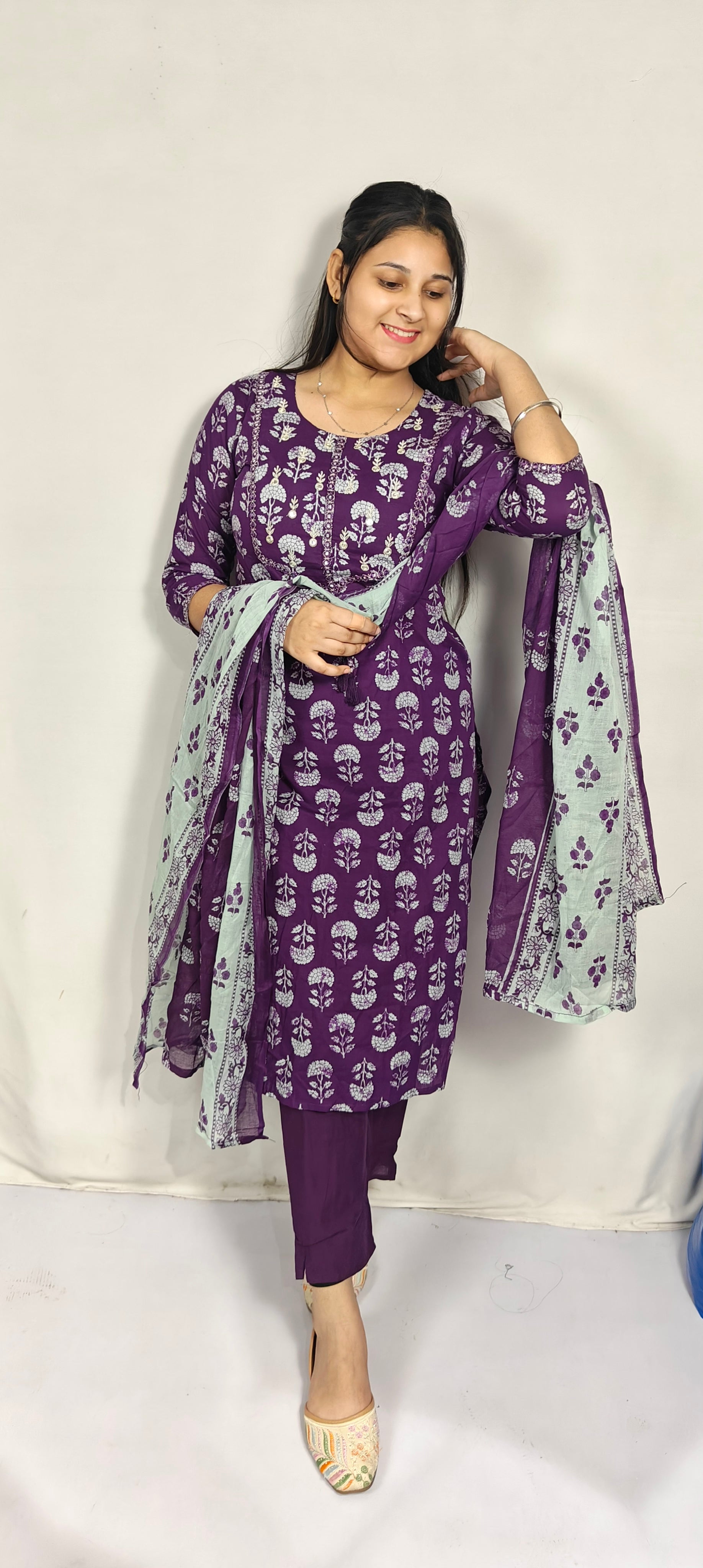 Purple Floral Printed 3 Piece Kurta Set (Z0278)