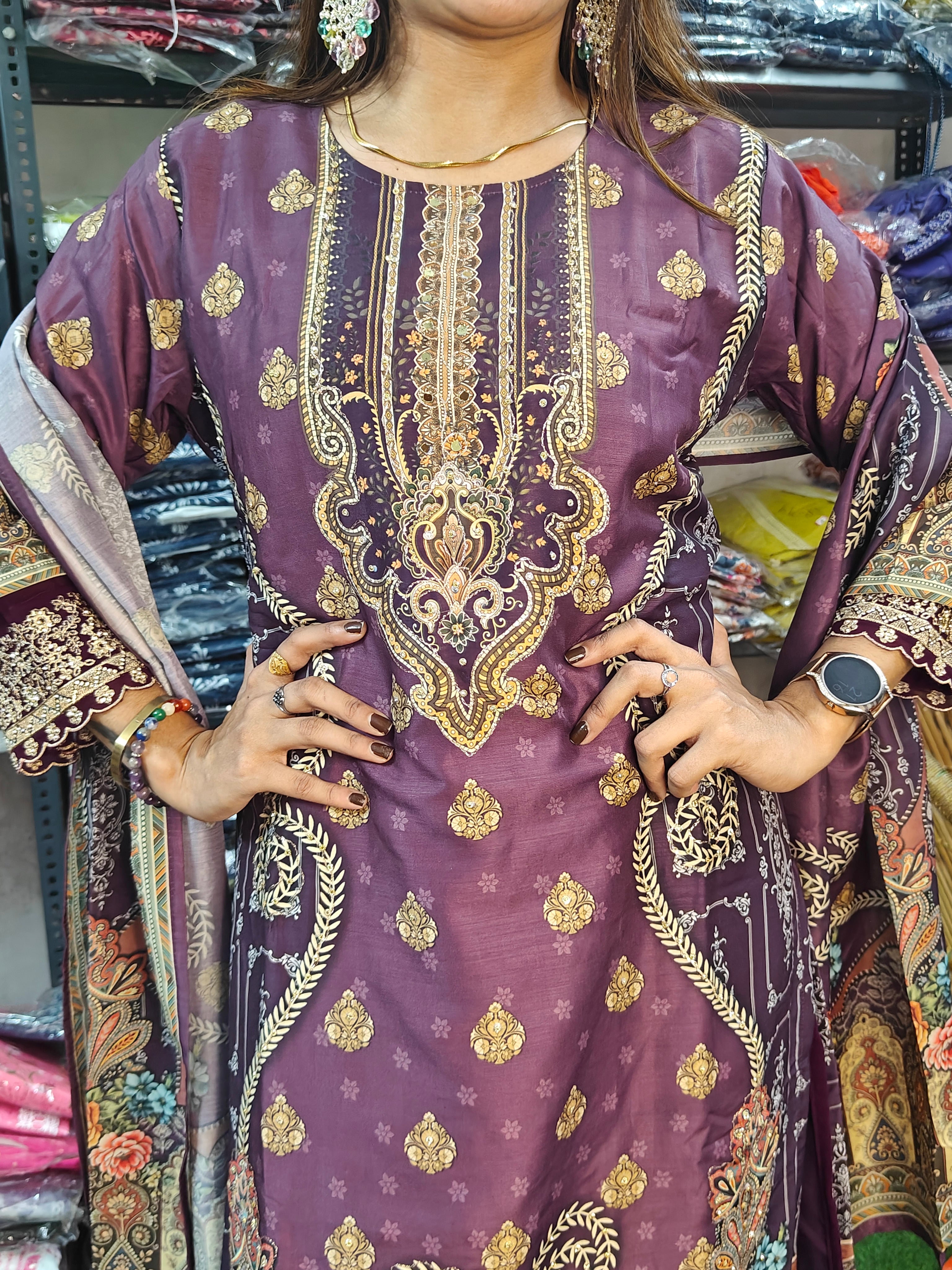 Purple Printed Embroidered Kurta Set (Z0285)