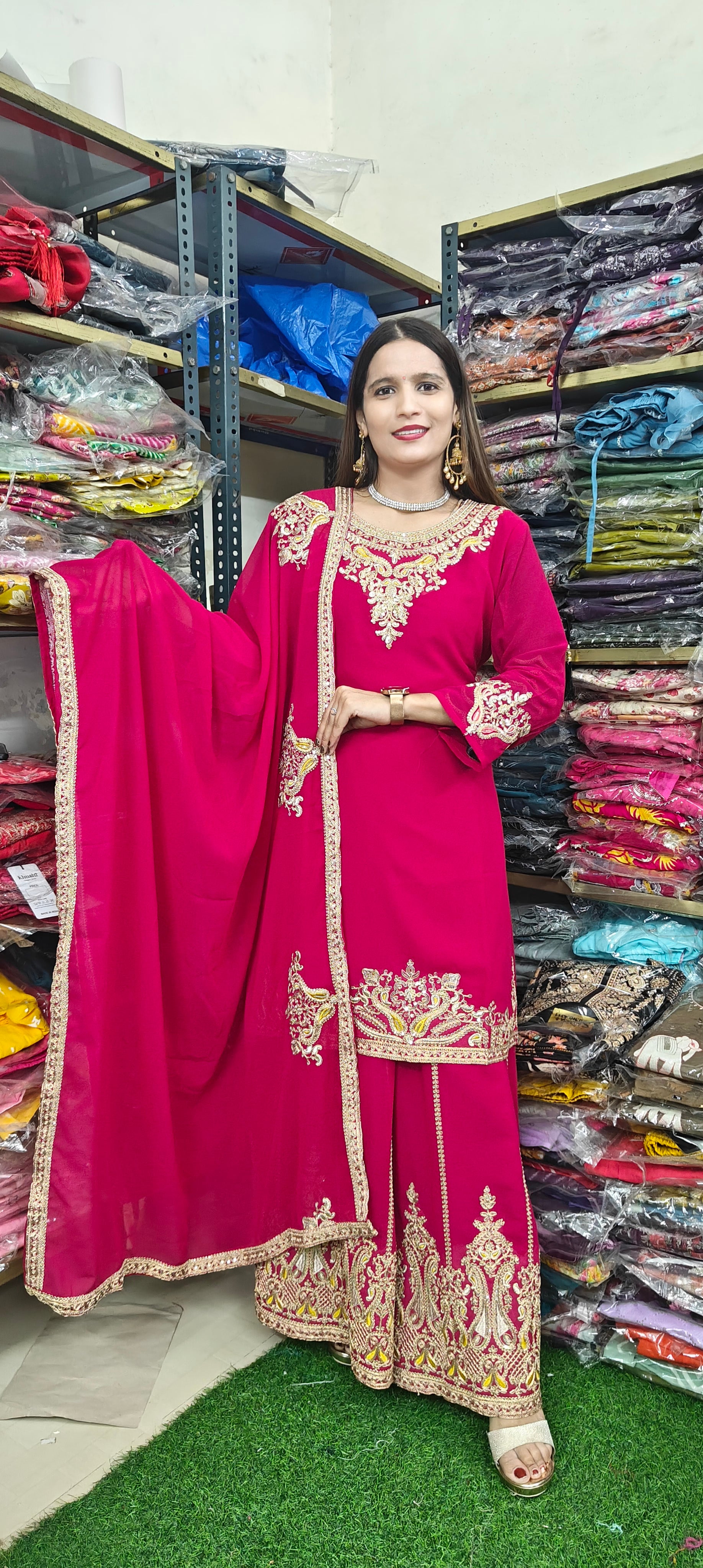 Hot Pink Embroidered sharara 3 piece set (Z0291)