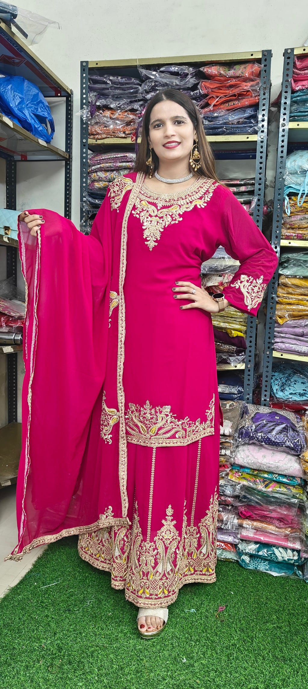 Hot Pink Embroidered sharara 3 piece set (Z0291)