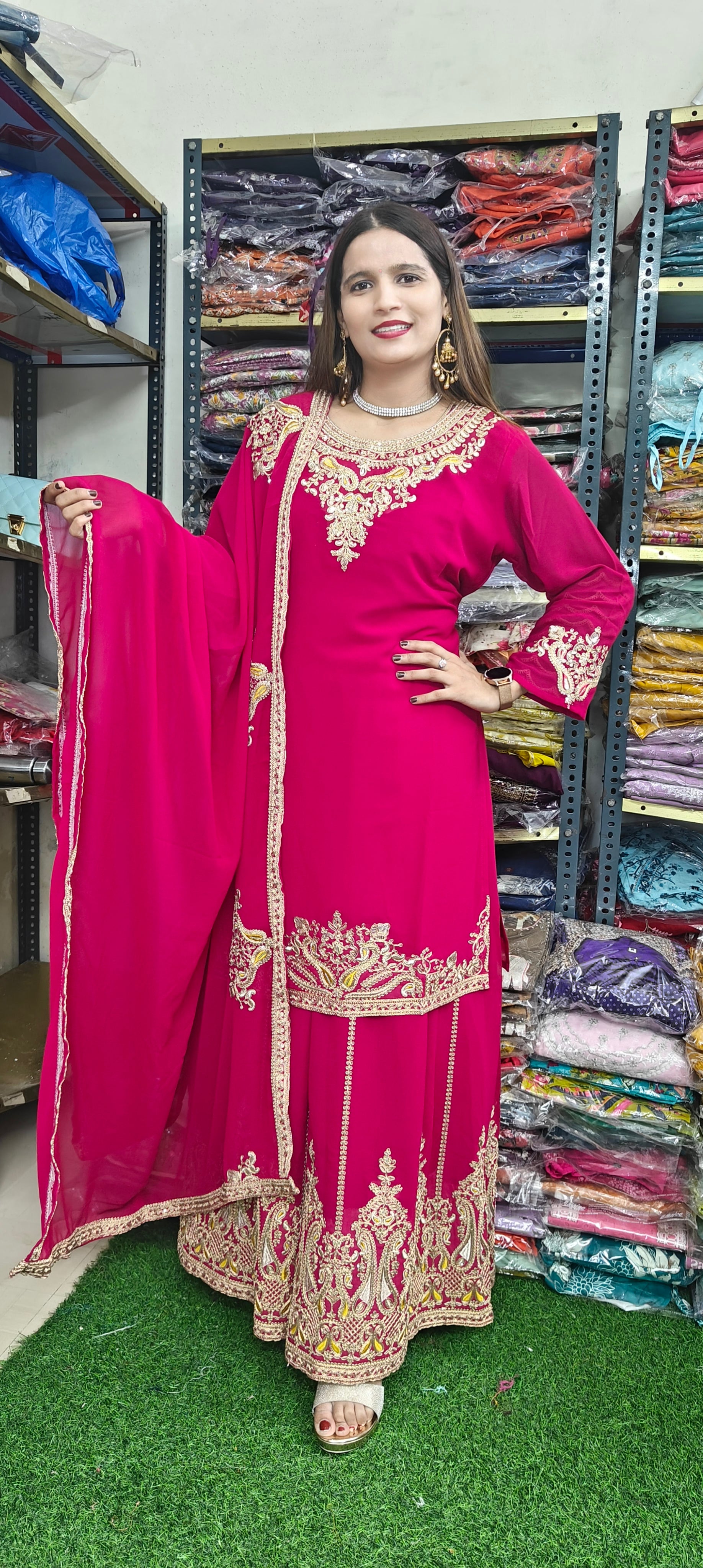 Hot Pink Embroidered sharara 3 piece set (Z0291)