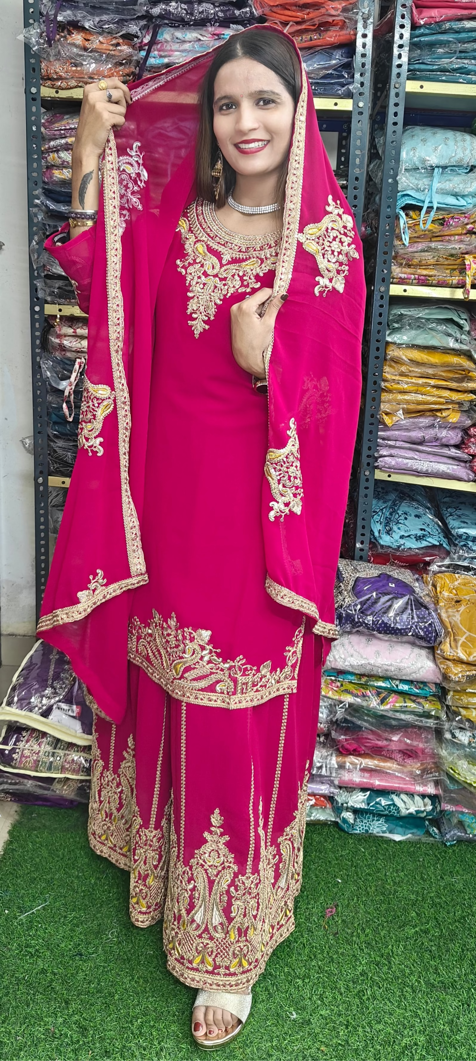Hot Pink Embroidered sharara 3 piece set (Z0291)