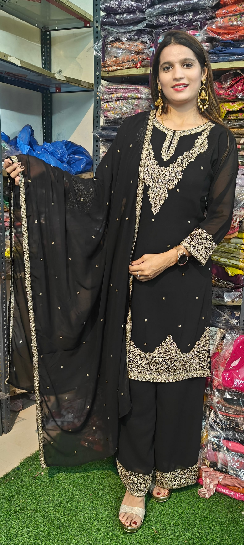 Black Golden Embroidered Kurta Set with Dupatta  (Z0293)