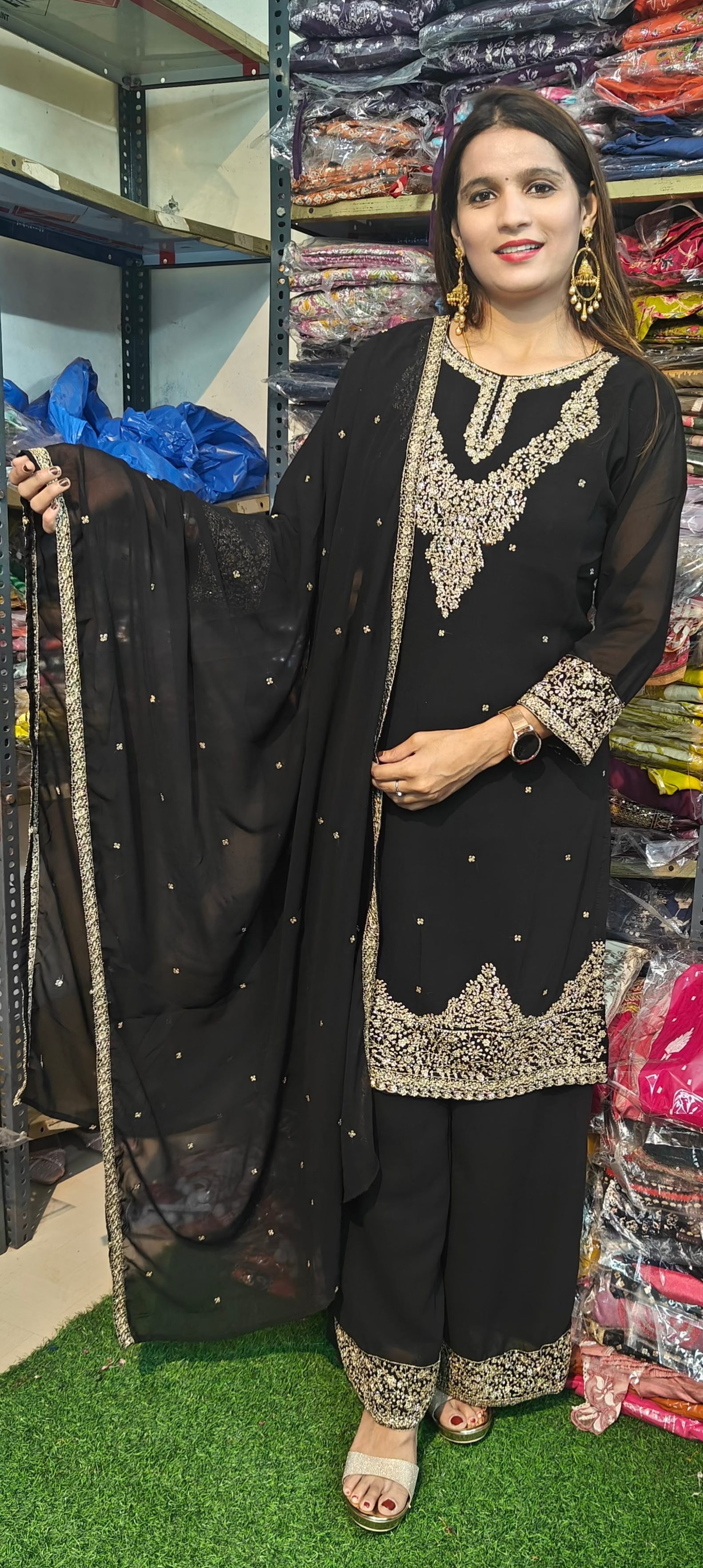 Black Golden Embroidered Kurta Set with Dupatta  (Z0293)
