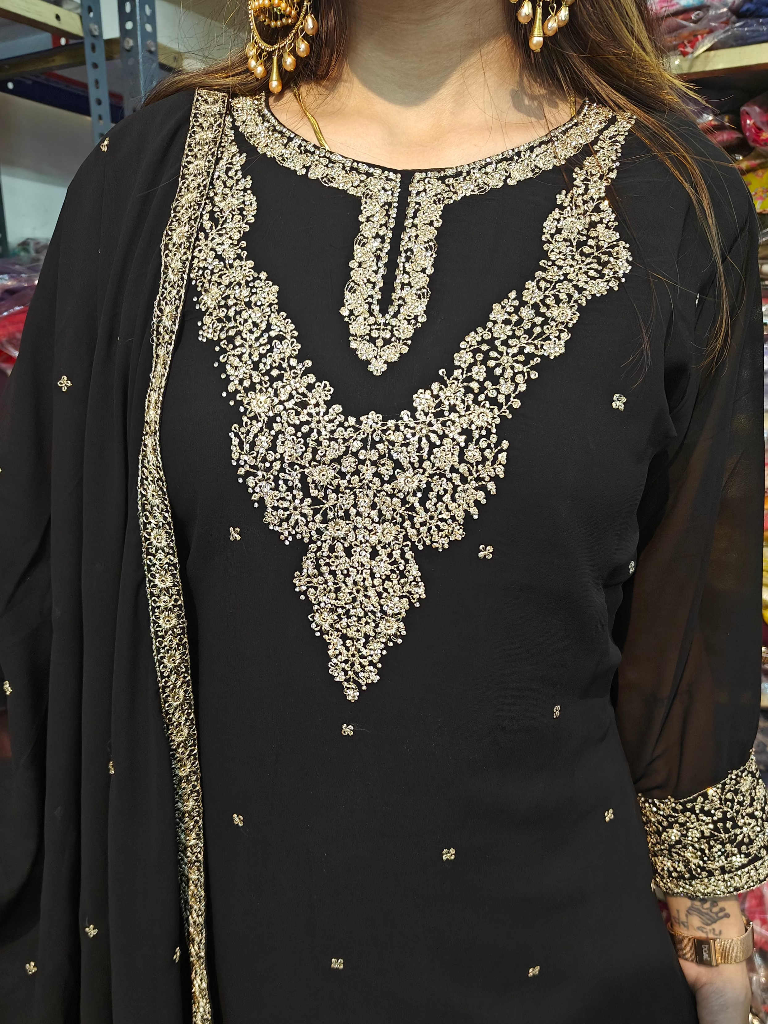 Black Golden Embroidered Kurta Set with Dupatta  (Z0293)