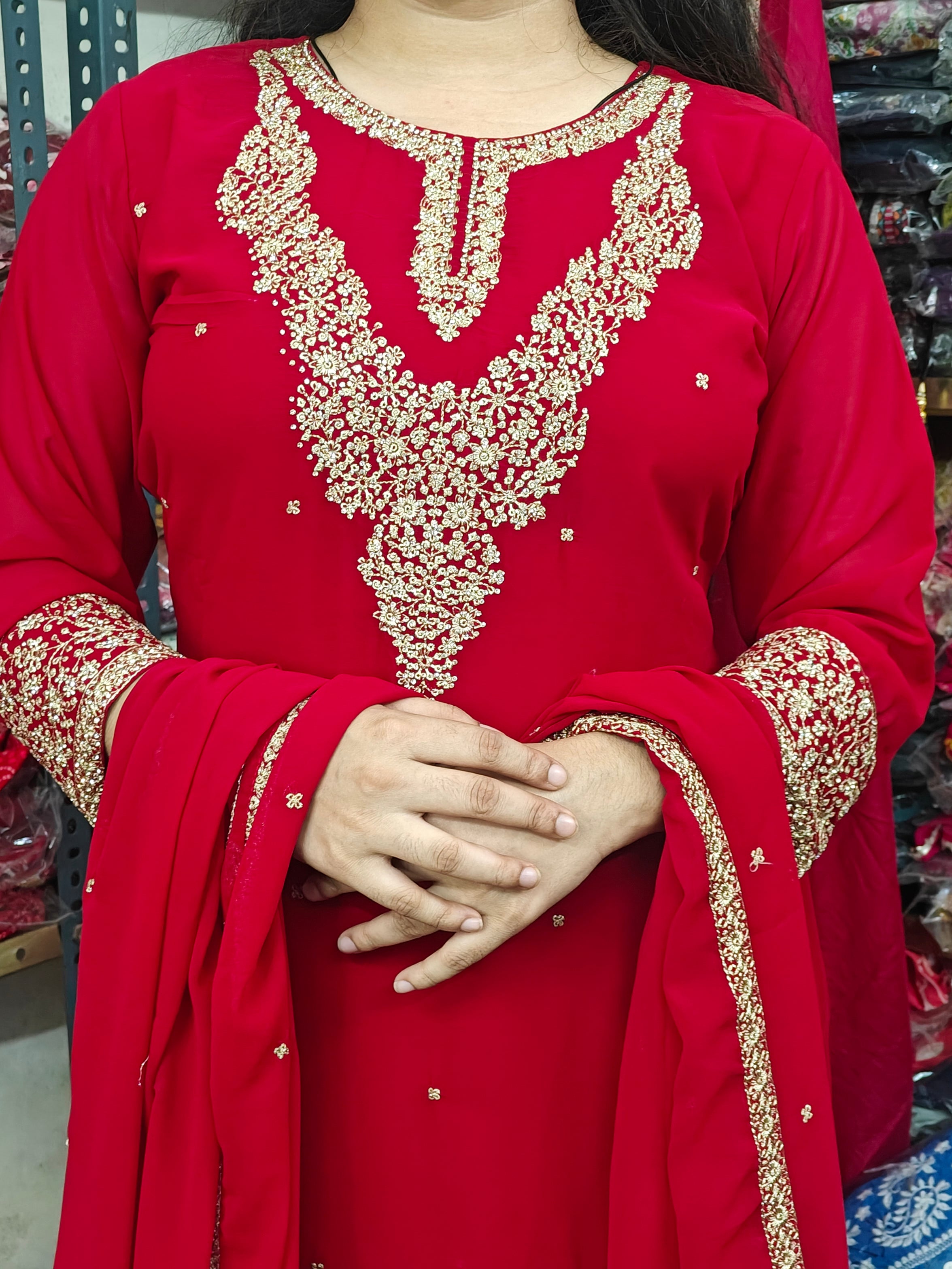 Red Golden Embroidered Kurta Set with Dupatta (Z0295)