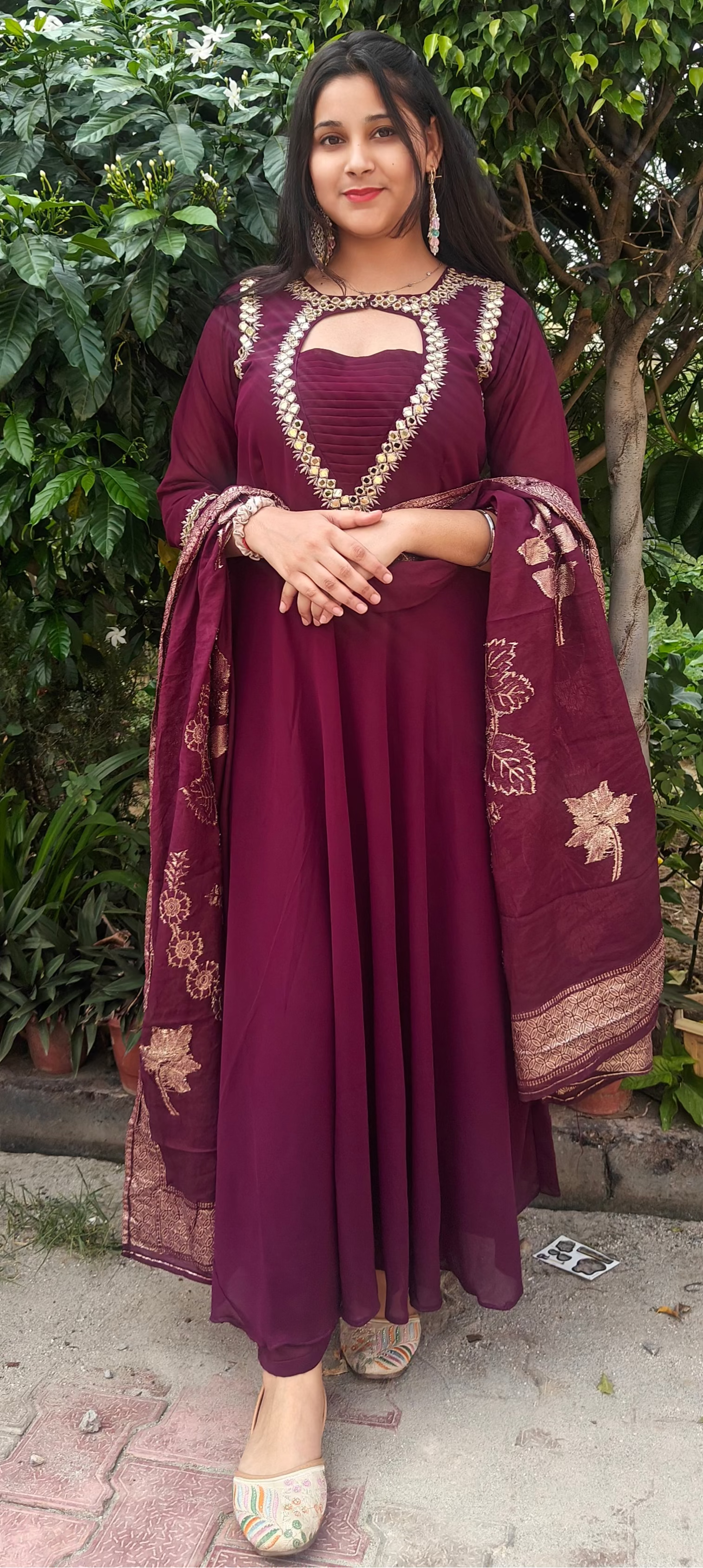 Wine Embroidered Kurta Set with Dupatta (Z0296)