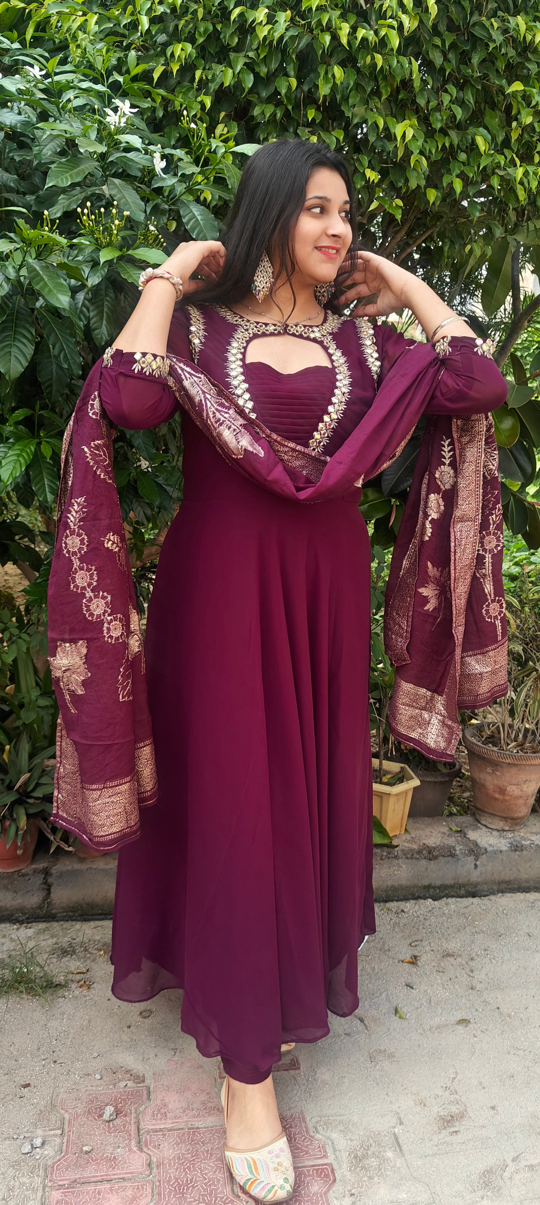 Wine Embroidered Kurta Set with Dupatta (Z0296)