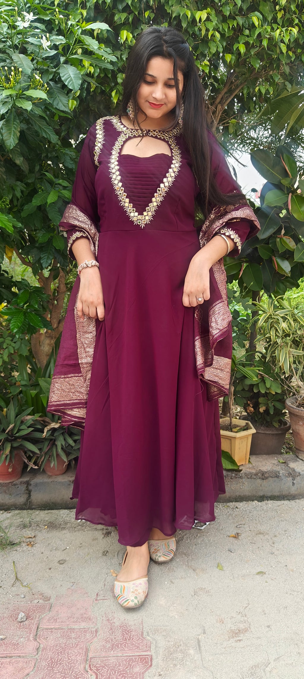 Wine Embroidered Kurta Set with Dupatta (Z0296)