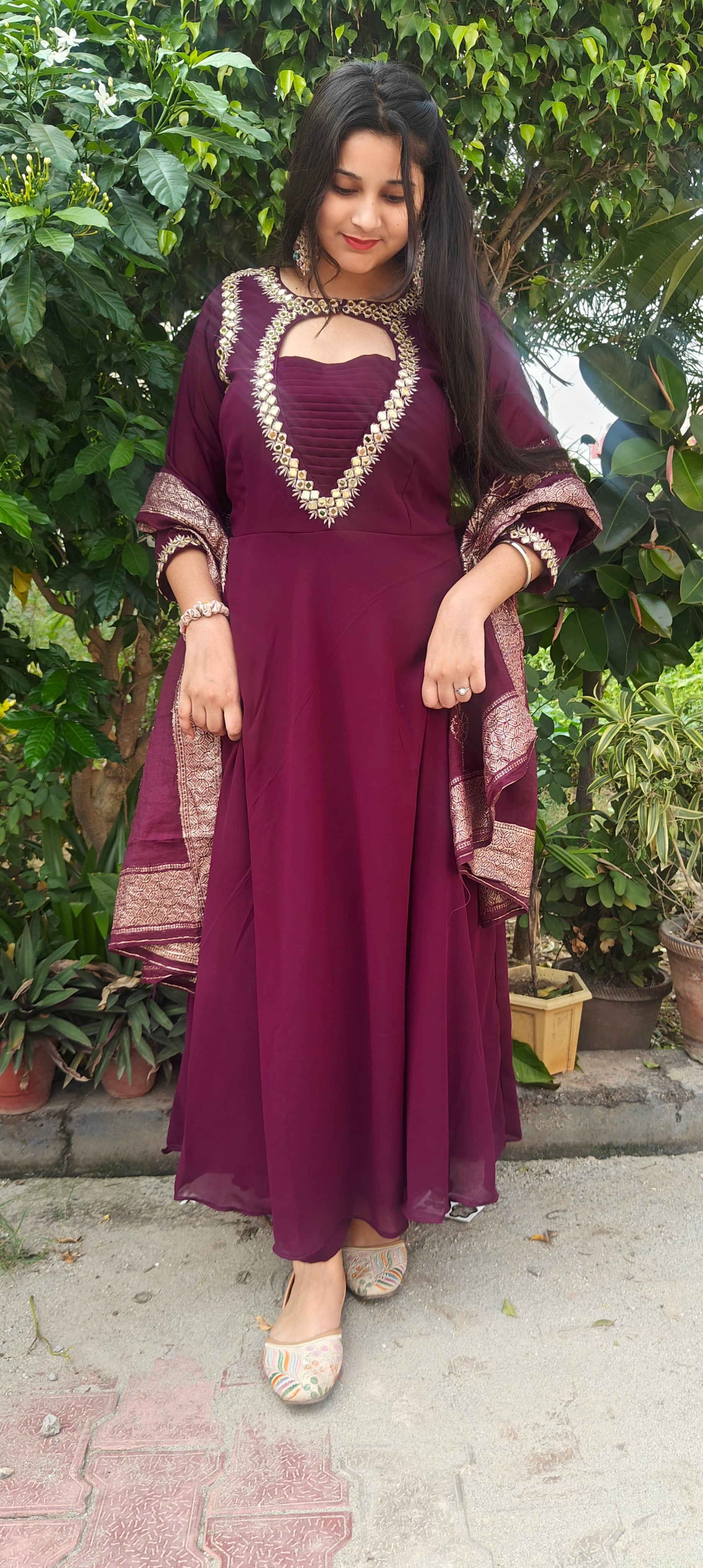 Wine Embroidered Kurta Set with Dupatta (Z0296)